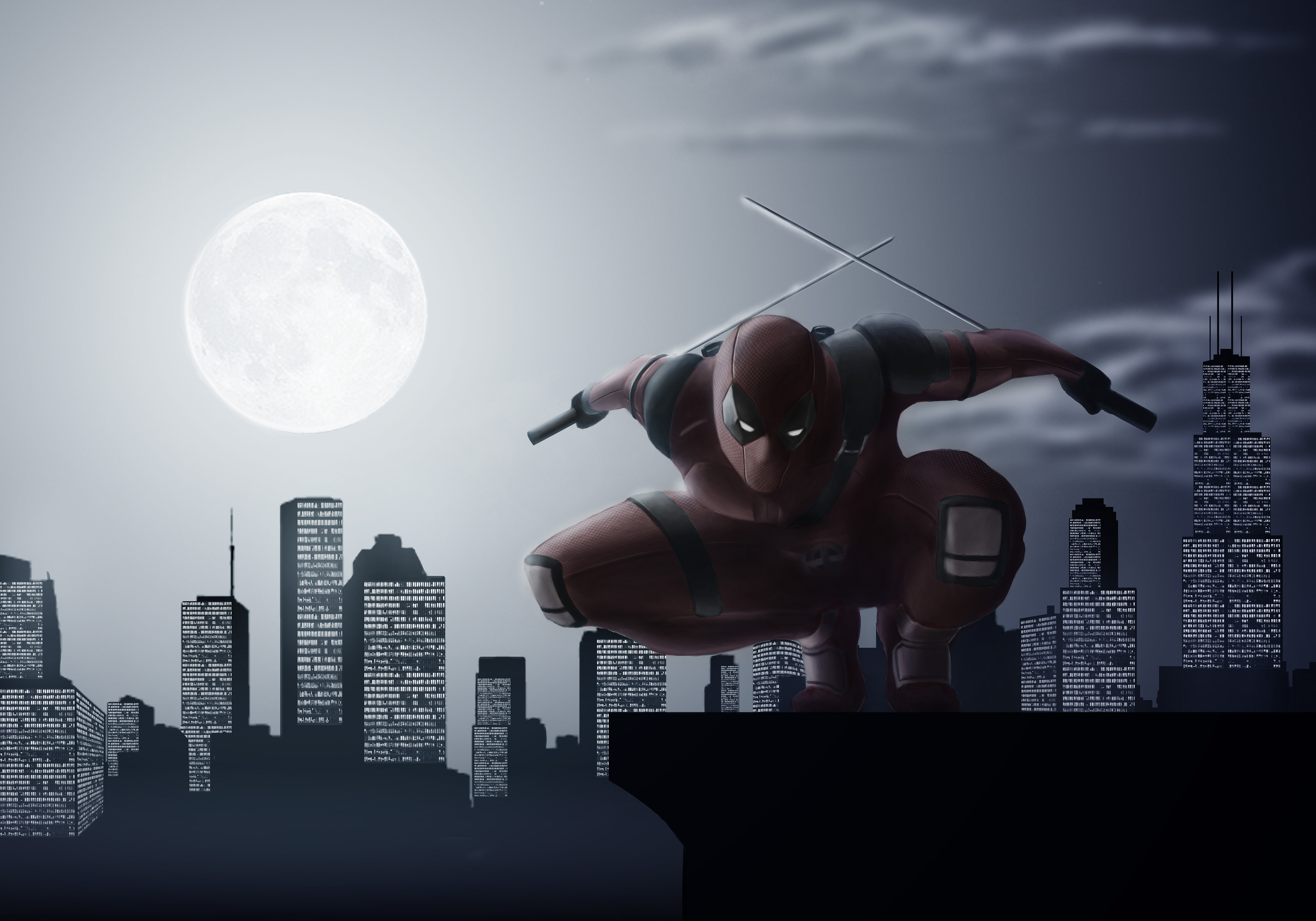 Deadpool on a rooftop at night HD Wallpaper