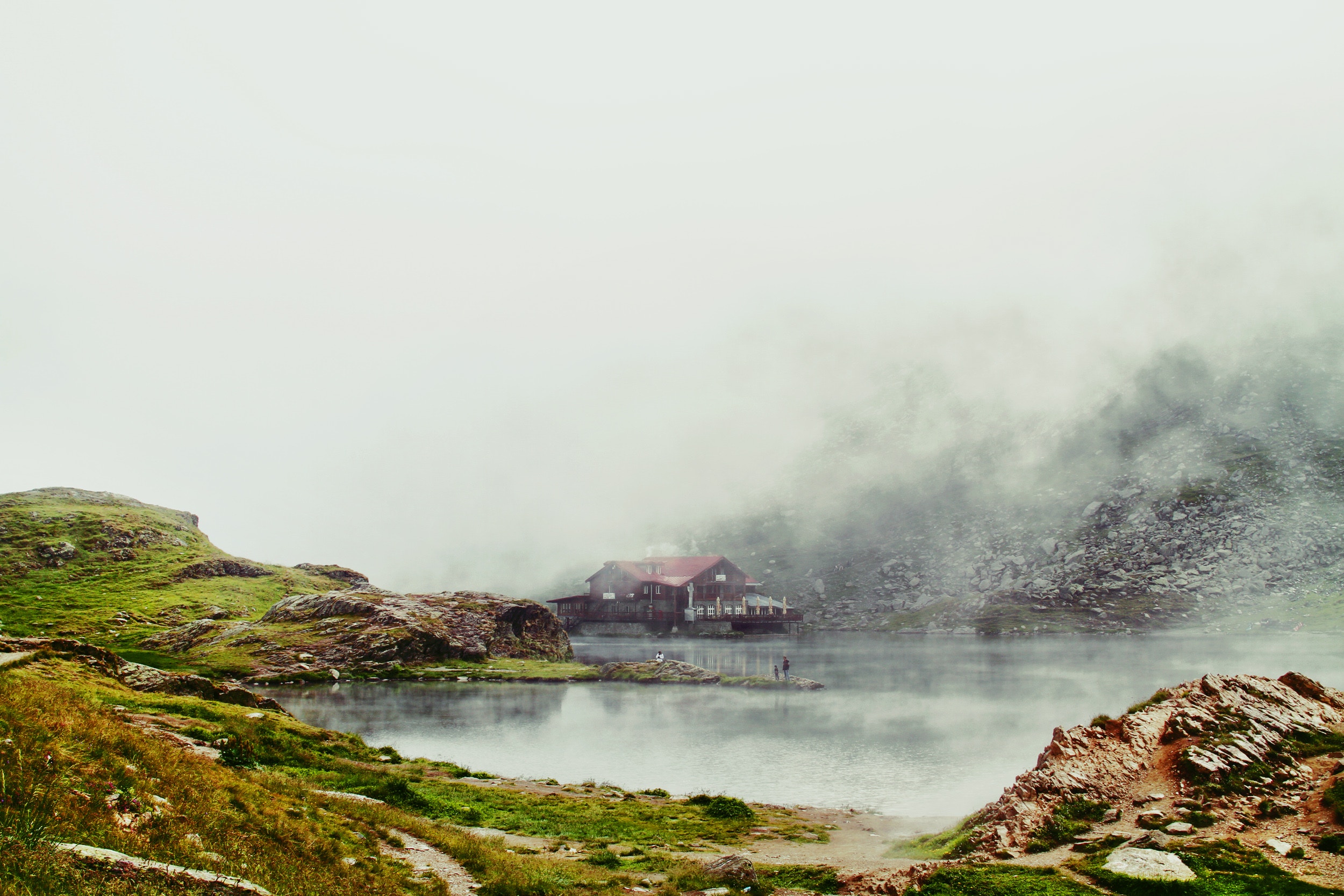 Misty Mountain Lake with Cozy Lakeside Cabin HD Wallpaper