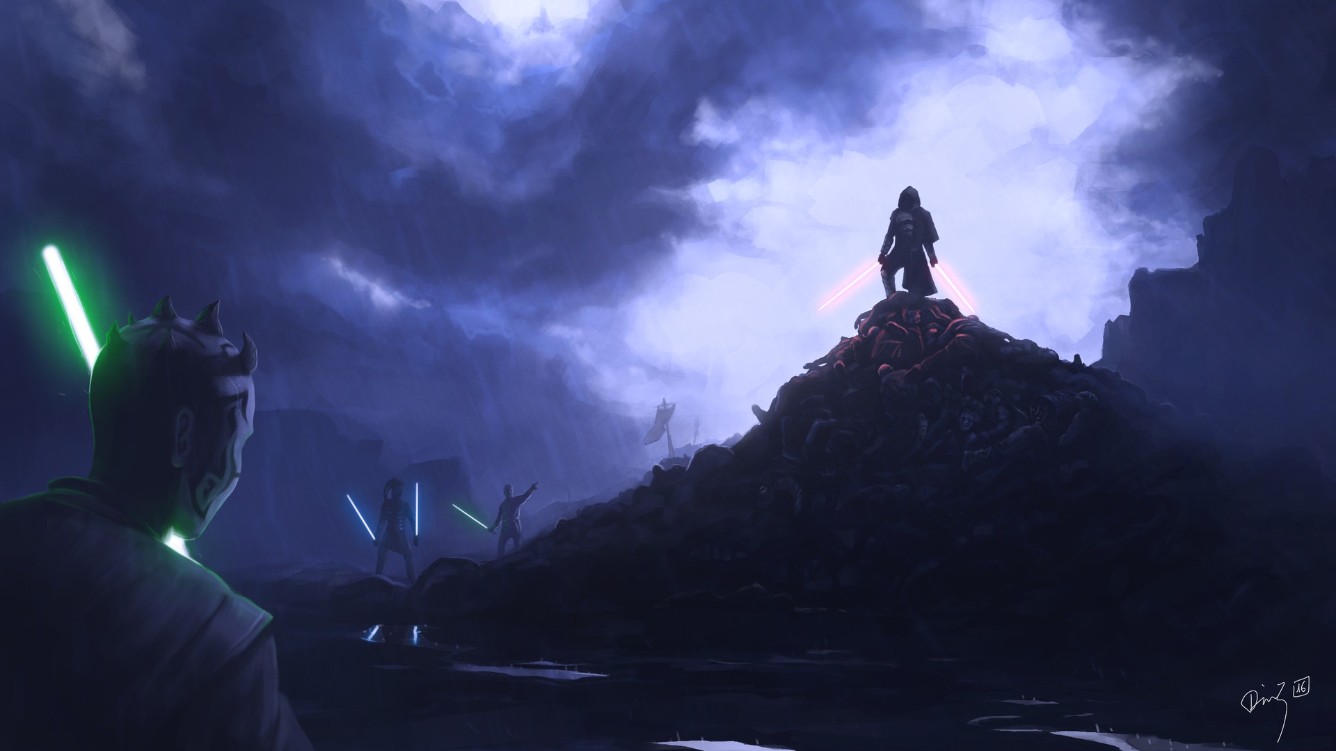 Star Wars: Darth Maul and Jedi duel on a pile of bodies HD Wallpaper