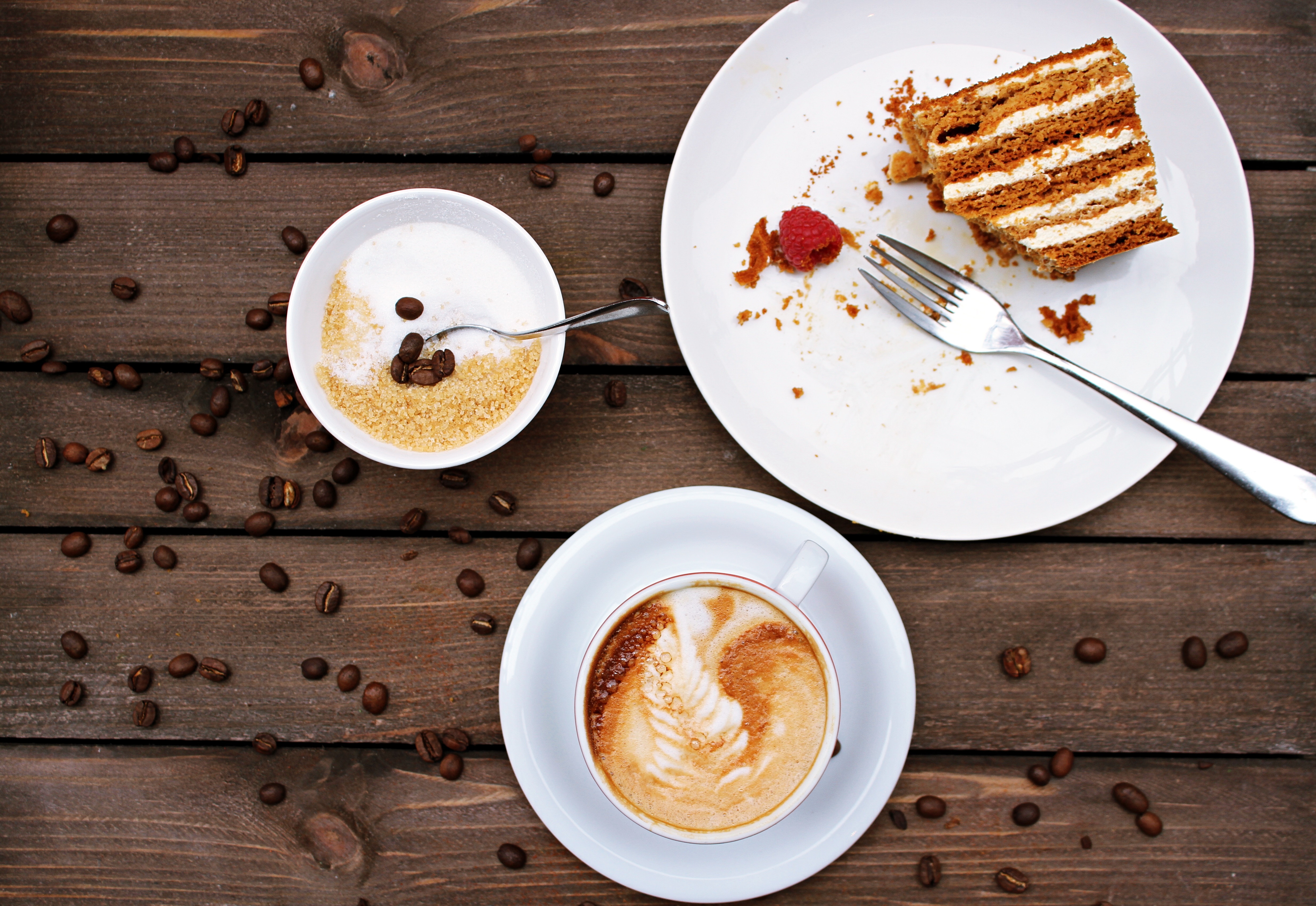 Coffee, Cake, and Sugar on a Wooden Table HD Wallpaper
