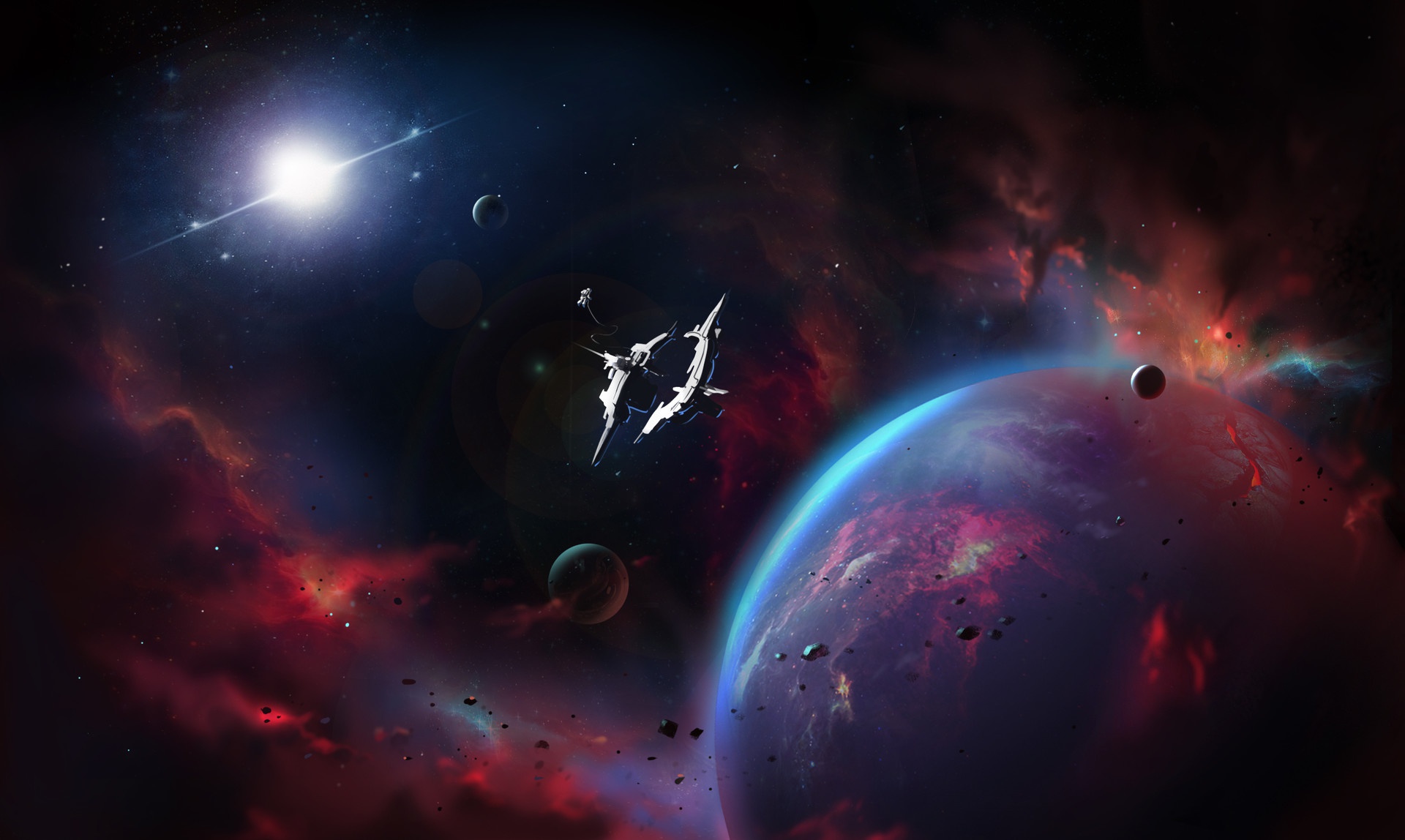 Spaceship near planets and nebula HD Wallpaper