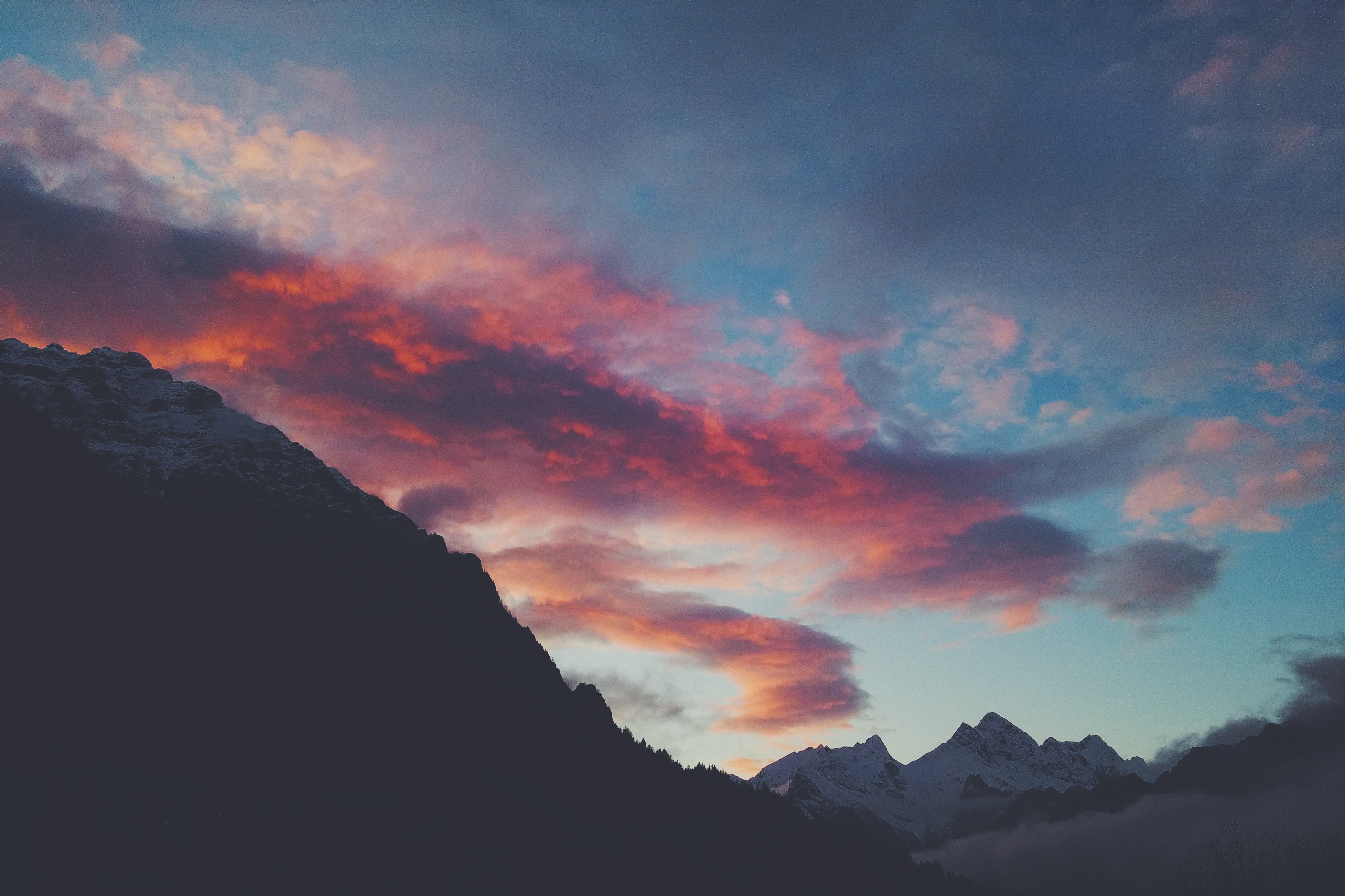 Mountain landscape at sunset with colorful clouds HD Wallpaper