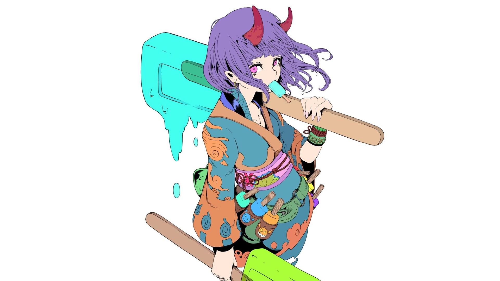 Anime girl with purple hair and horns holding ice cream HD Wallpaper