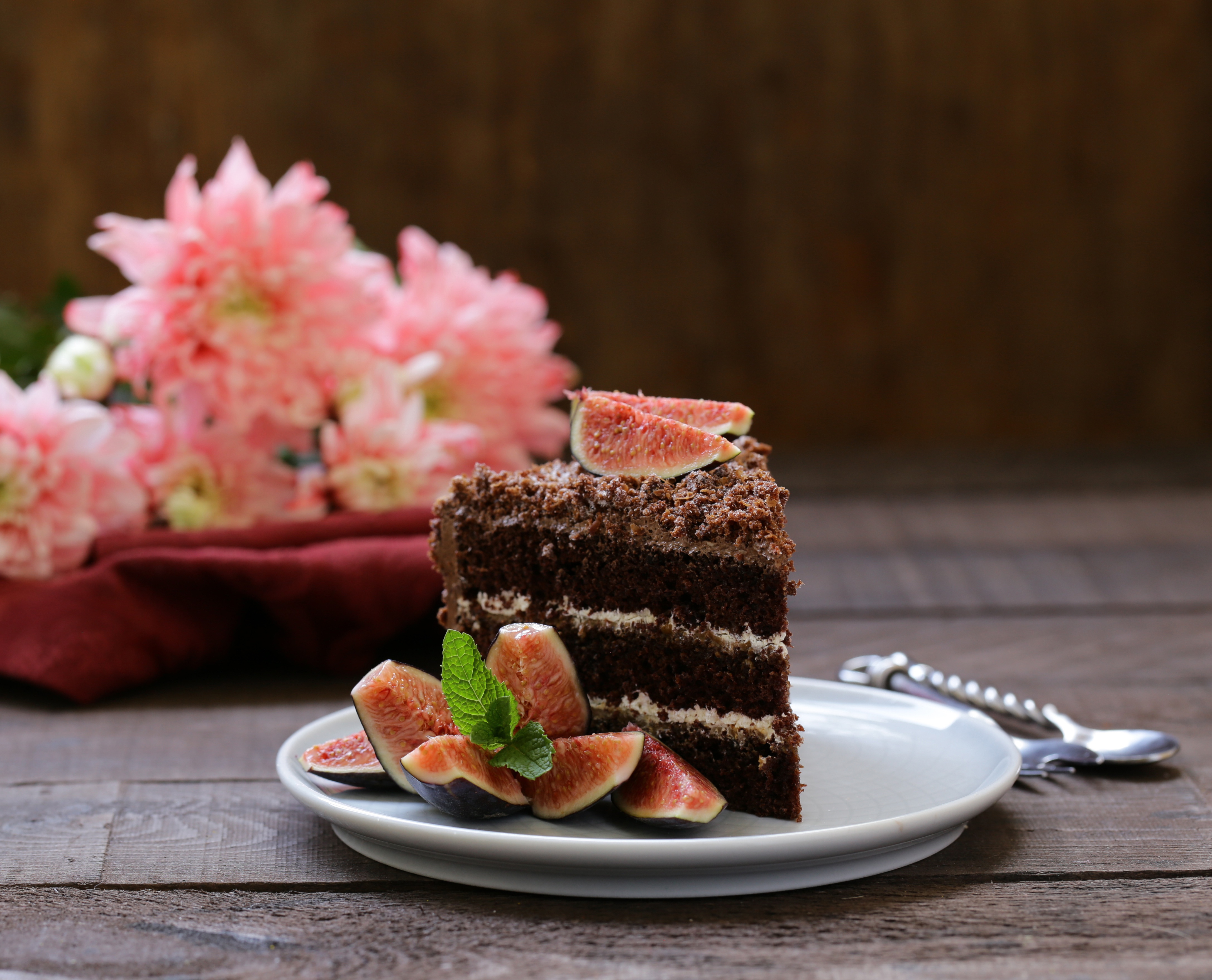 Chocolate cake with figs and mint HD Wallpaper