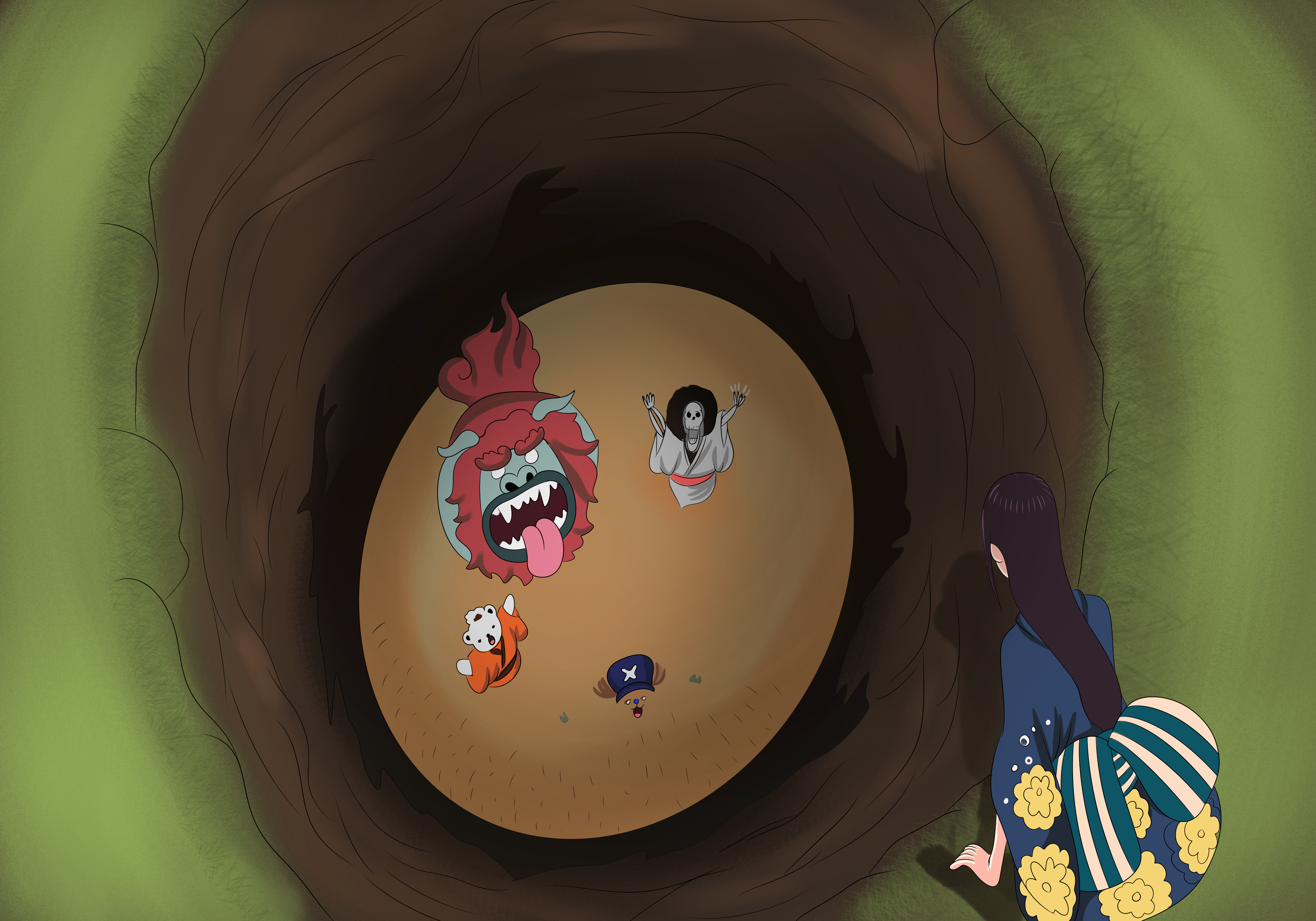 Kiku, Tony Tony Chopper, Brook, and Bepo from One Piece in a cave HD Wallpaper