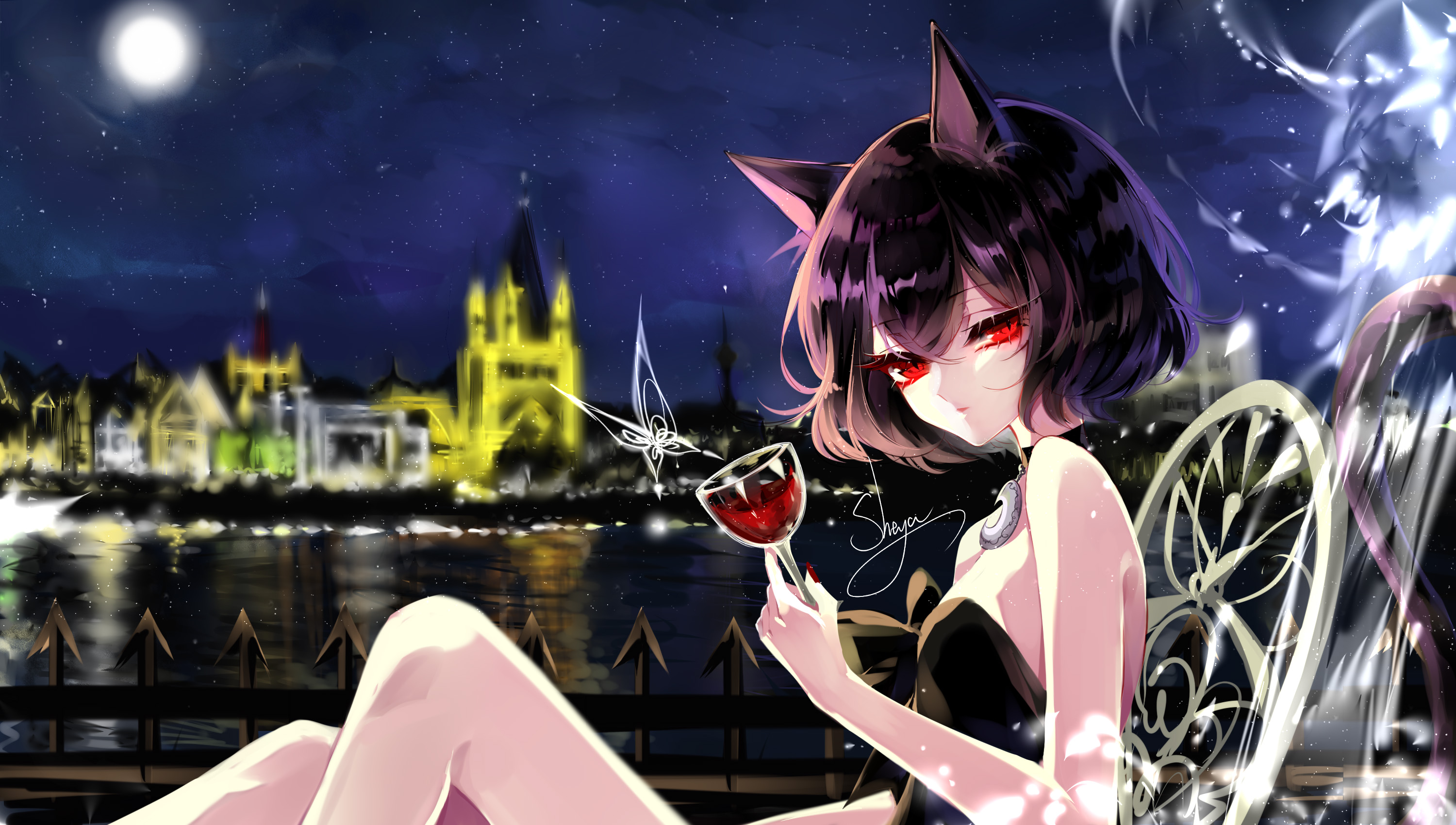 Cat girl with red eyes holding wine glass at night HD Wallpaper