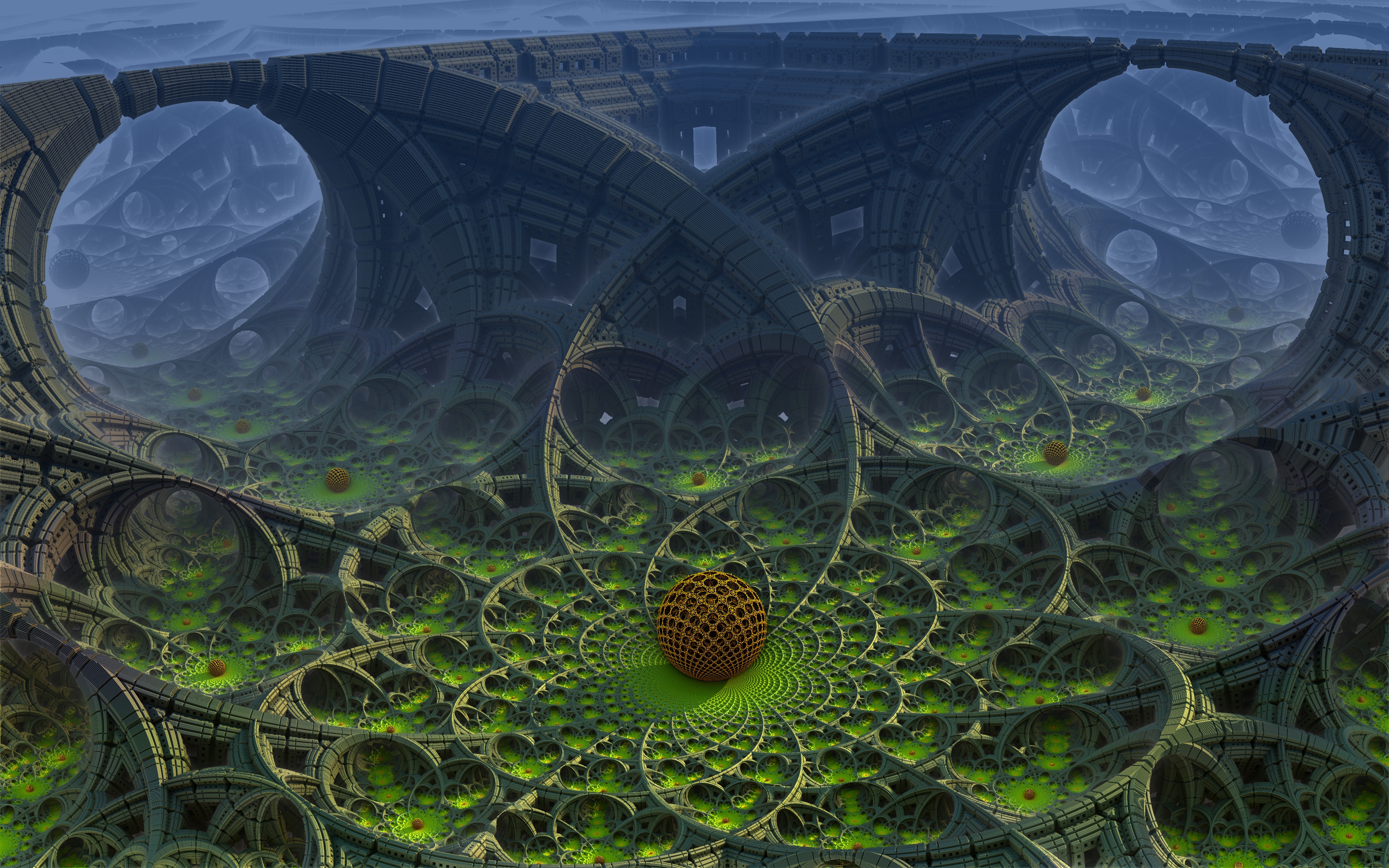Mandelbulb fractal with a sphere and green landscape HD Wallpaper