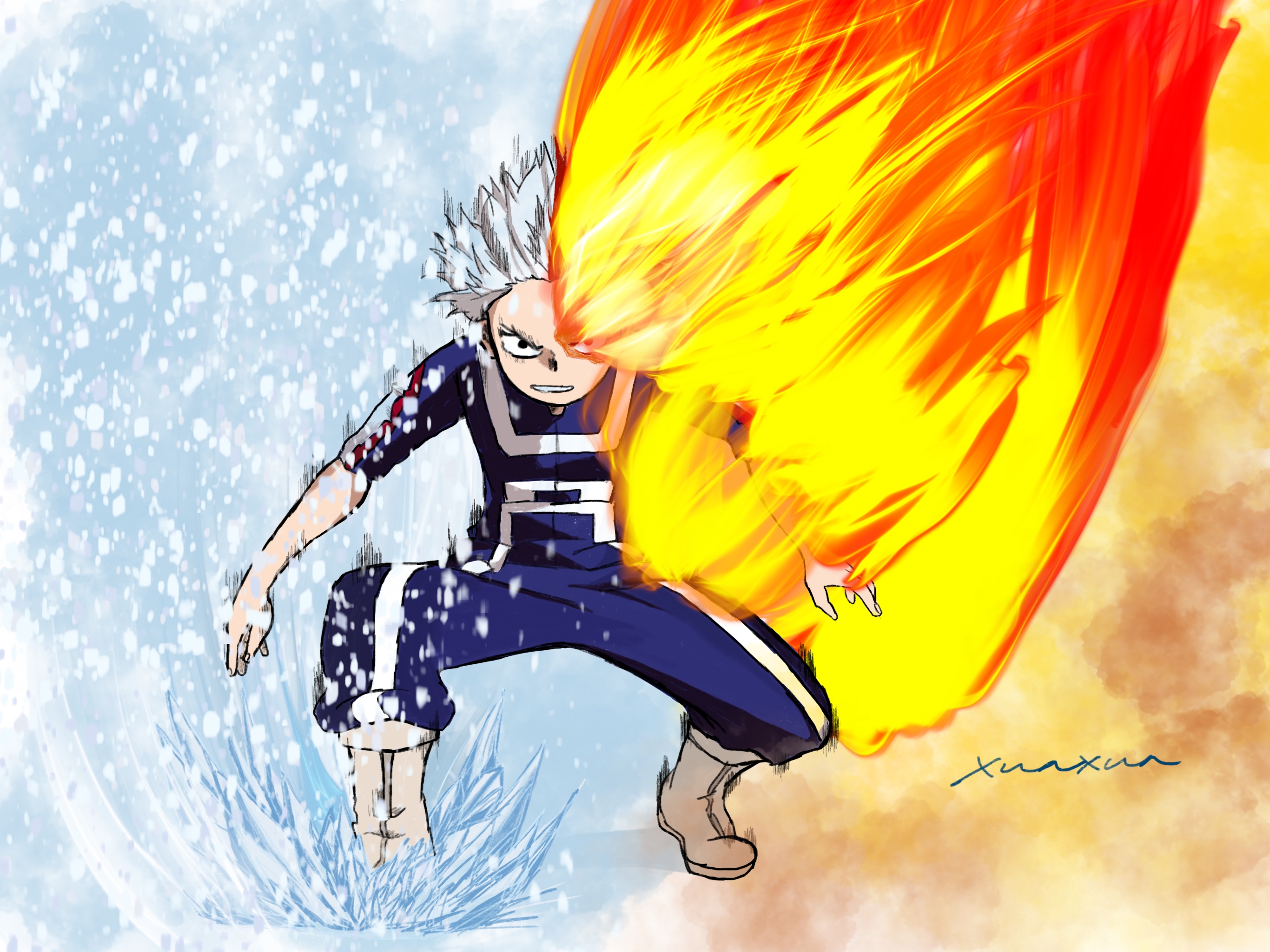 Shoto Todoroki using ice and fire powers HD Wallpaper