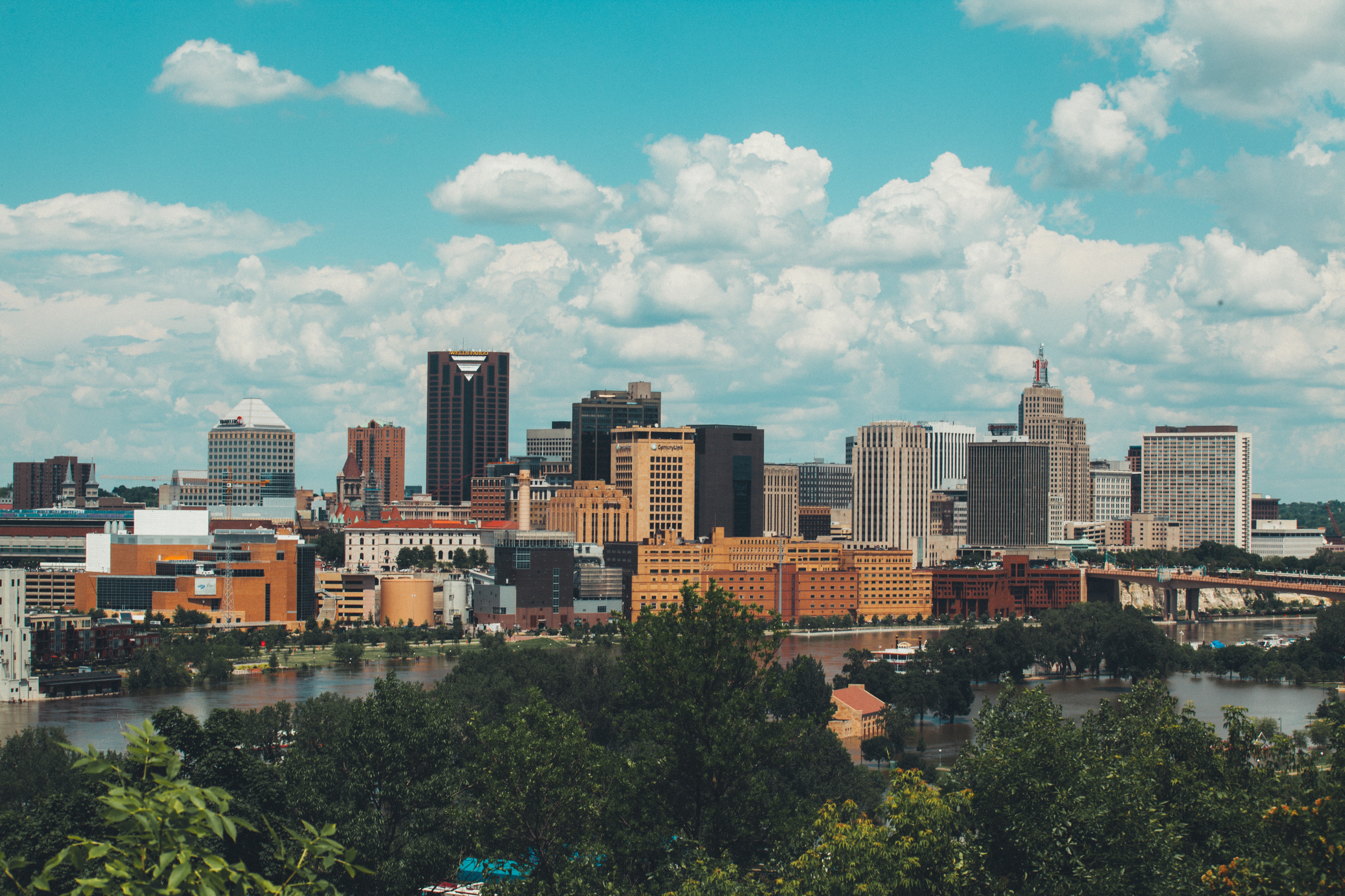 Columbus skyline with river and trees HD Wallpaper