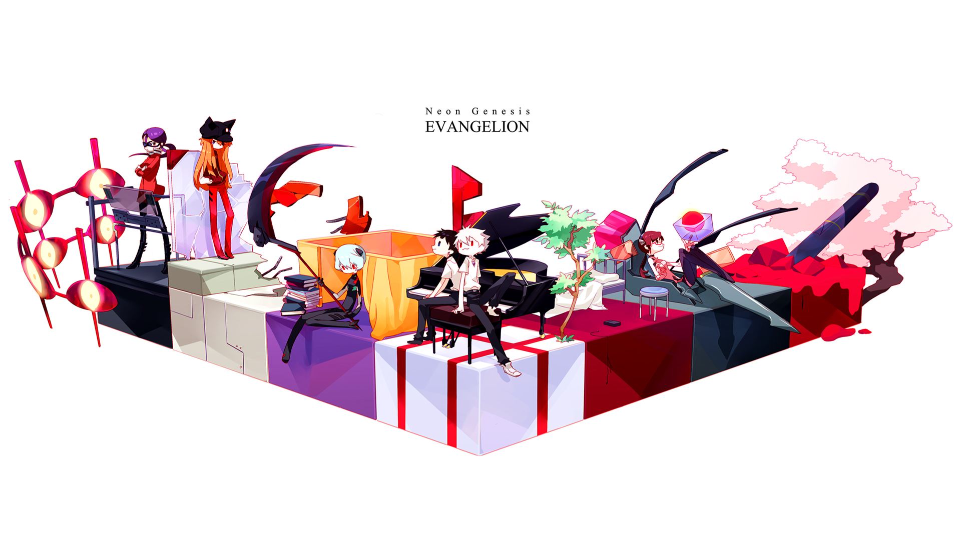 Neon Genesis Evangelion characters on blocks HD Wallpaper