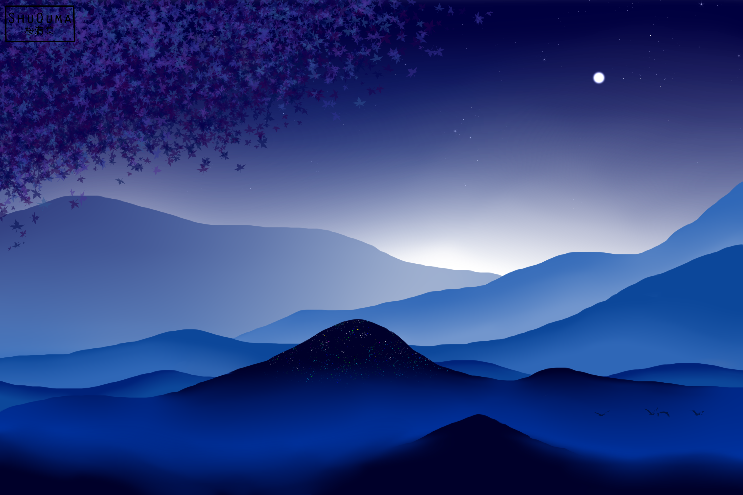 Purple leaves and mountains under the moon HD Wallpaper