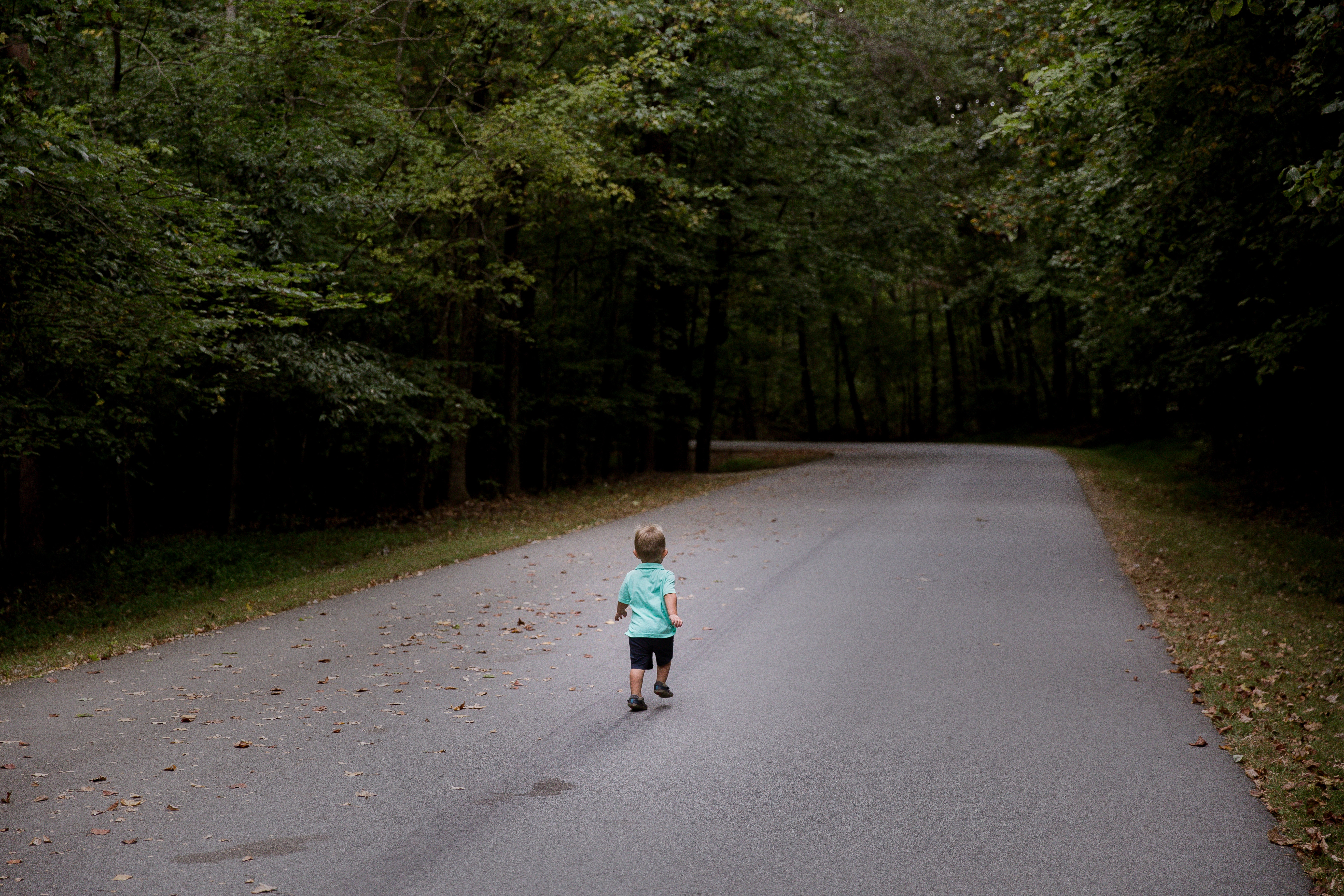 Boy running on a road in a forest HD Wallpaper