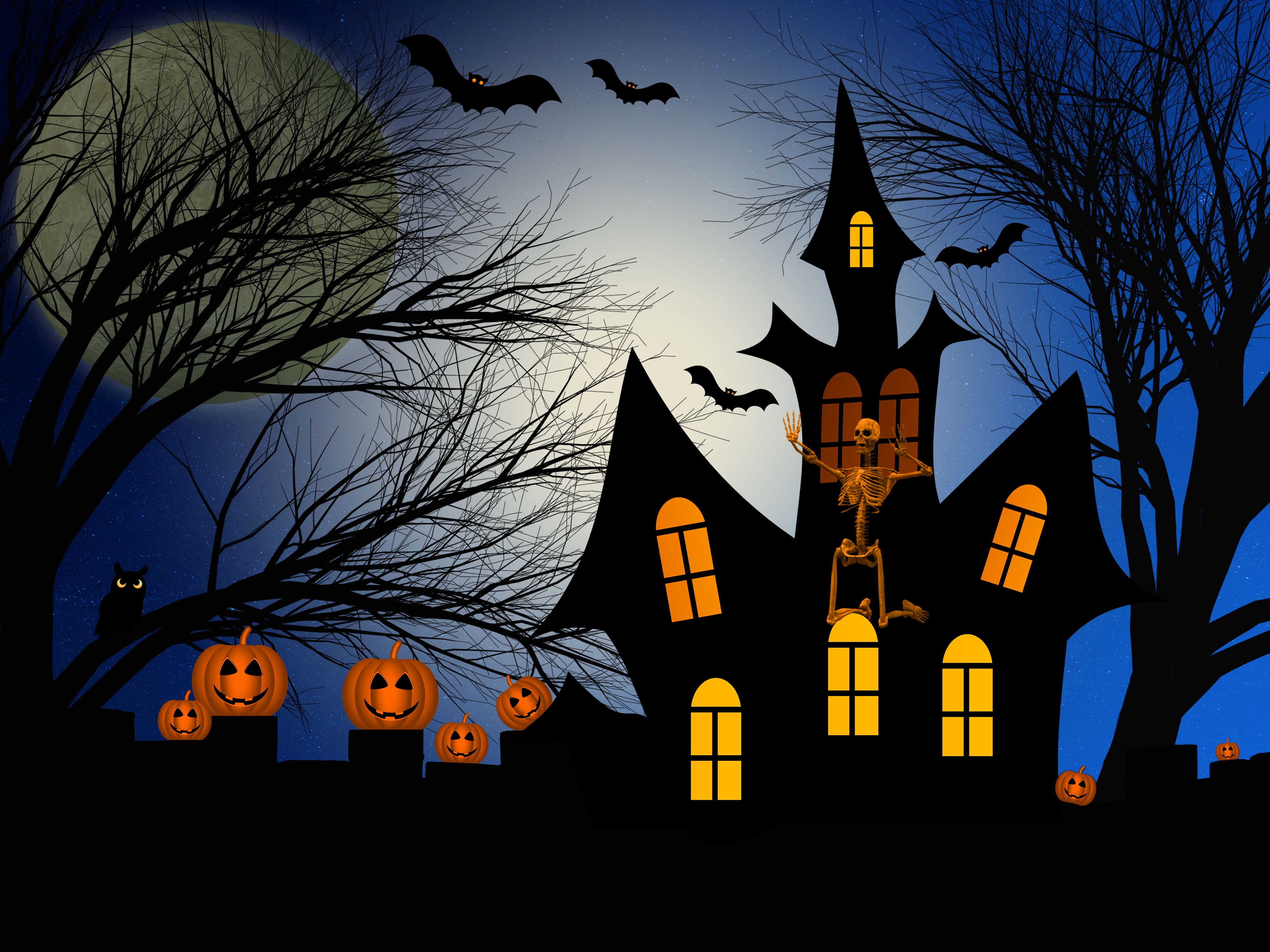 Spooky Haunted House with Skeleton and Full Moon HD Wallpaper