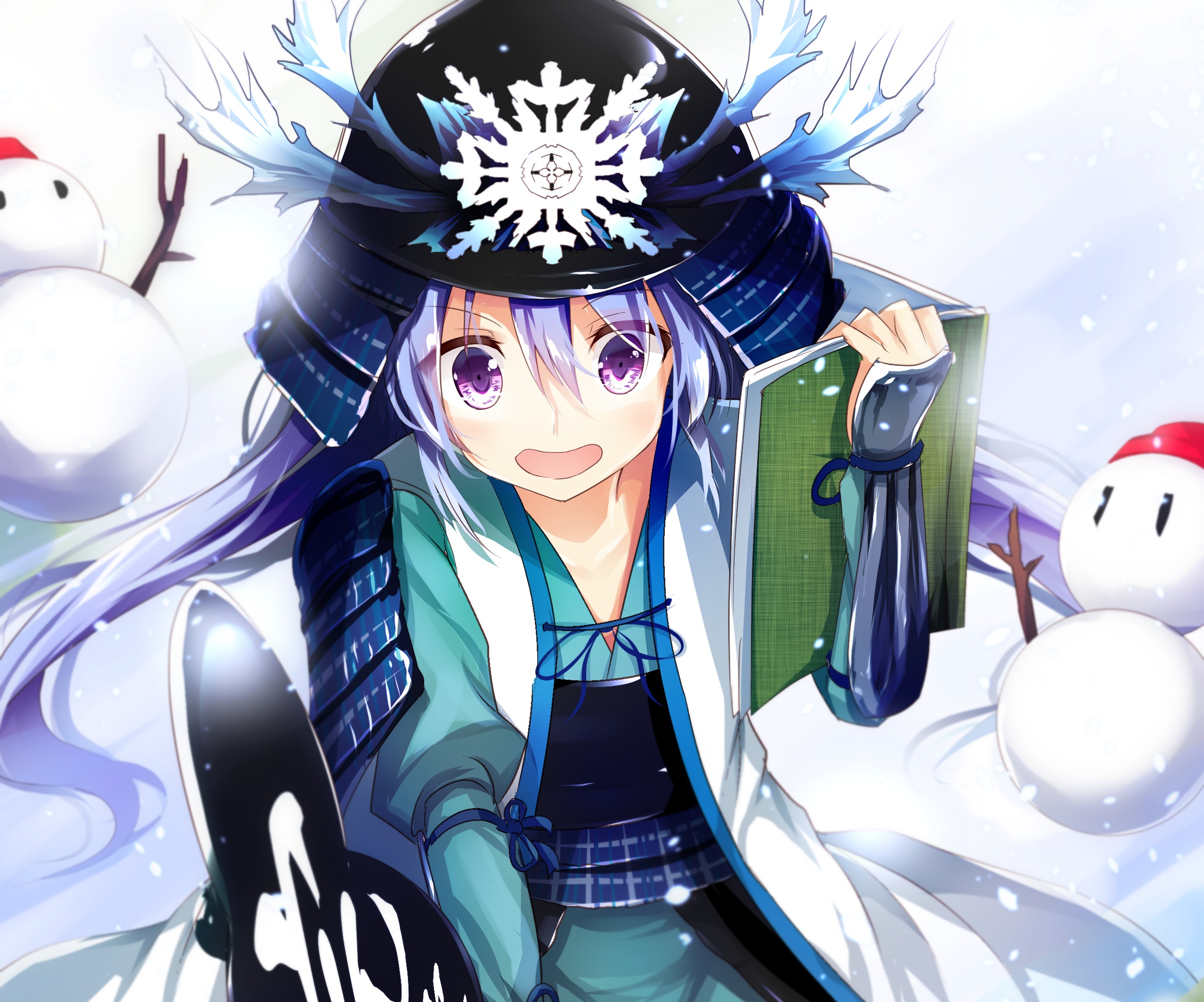Girl in Samurai Armor with Snowflakes and Snowmen HD Wallpaper