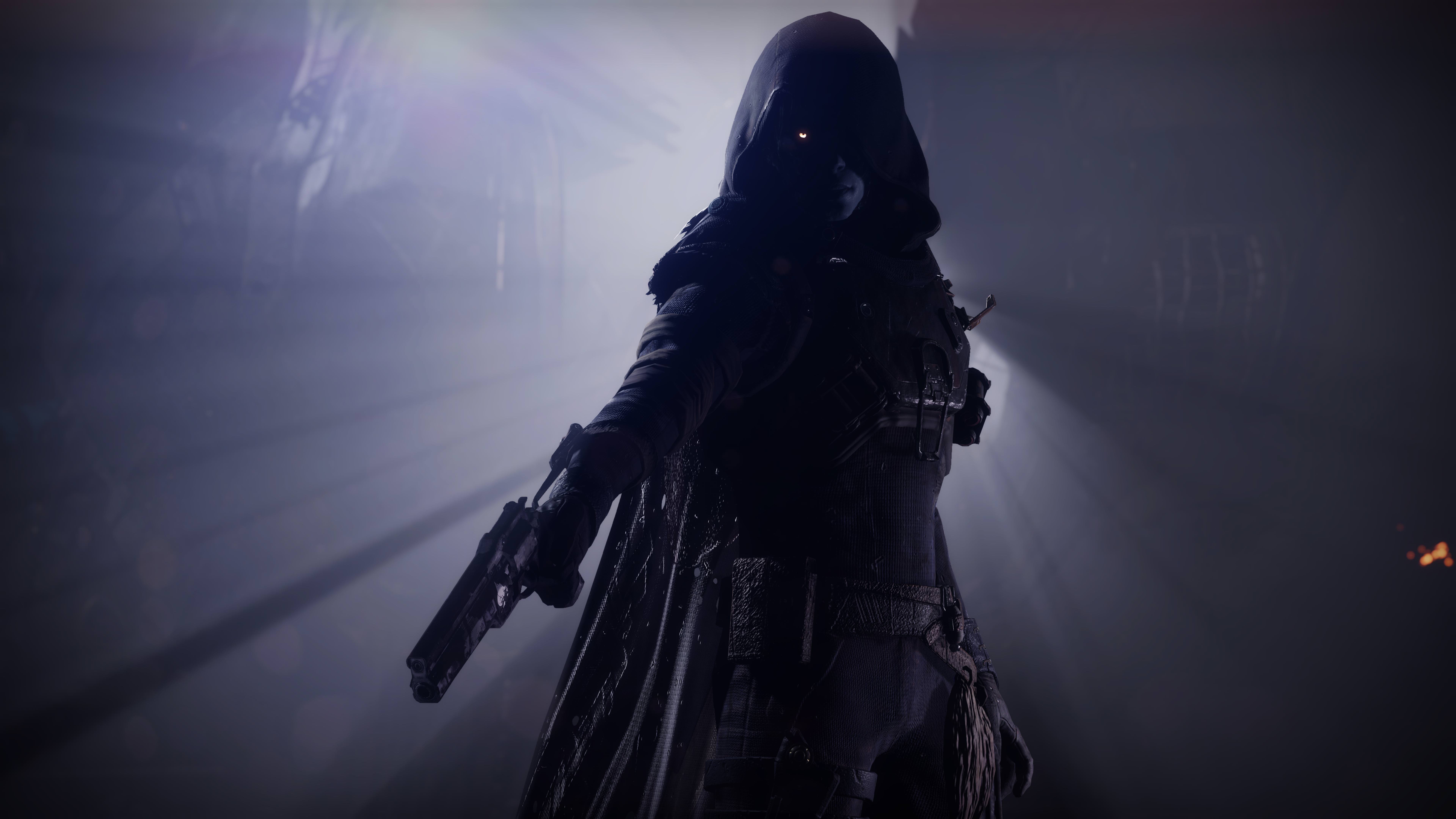 Hunter with glowing eyes holding a gun in Destiny 2: Forsaken HD Wallpaper