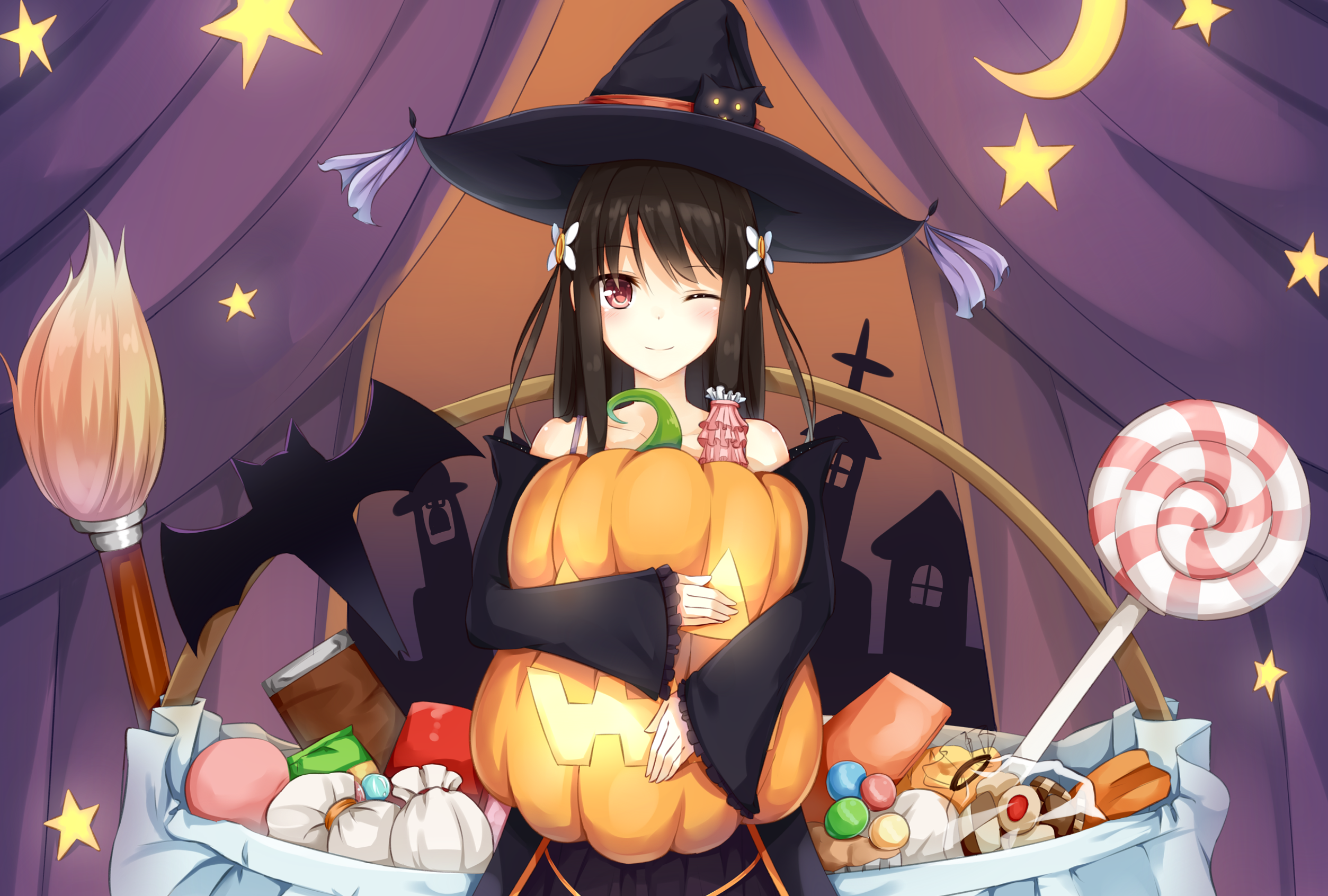 Anime Witch Girl Holding a Jack-o'-lantern with Candy HD Wallpaper