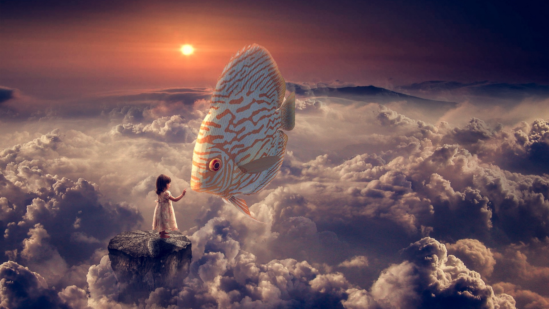 Girl and Fish in the Clouds at Sunset HD Wallpaper