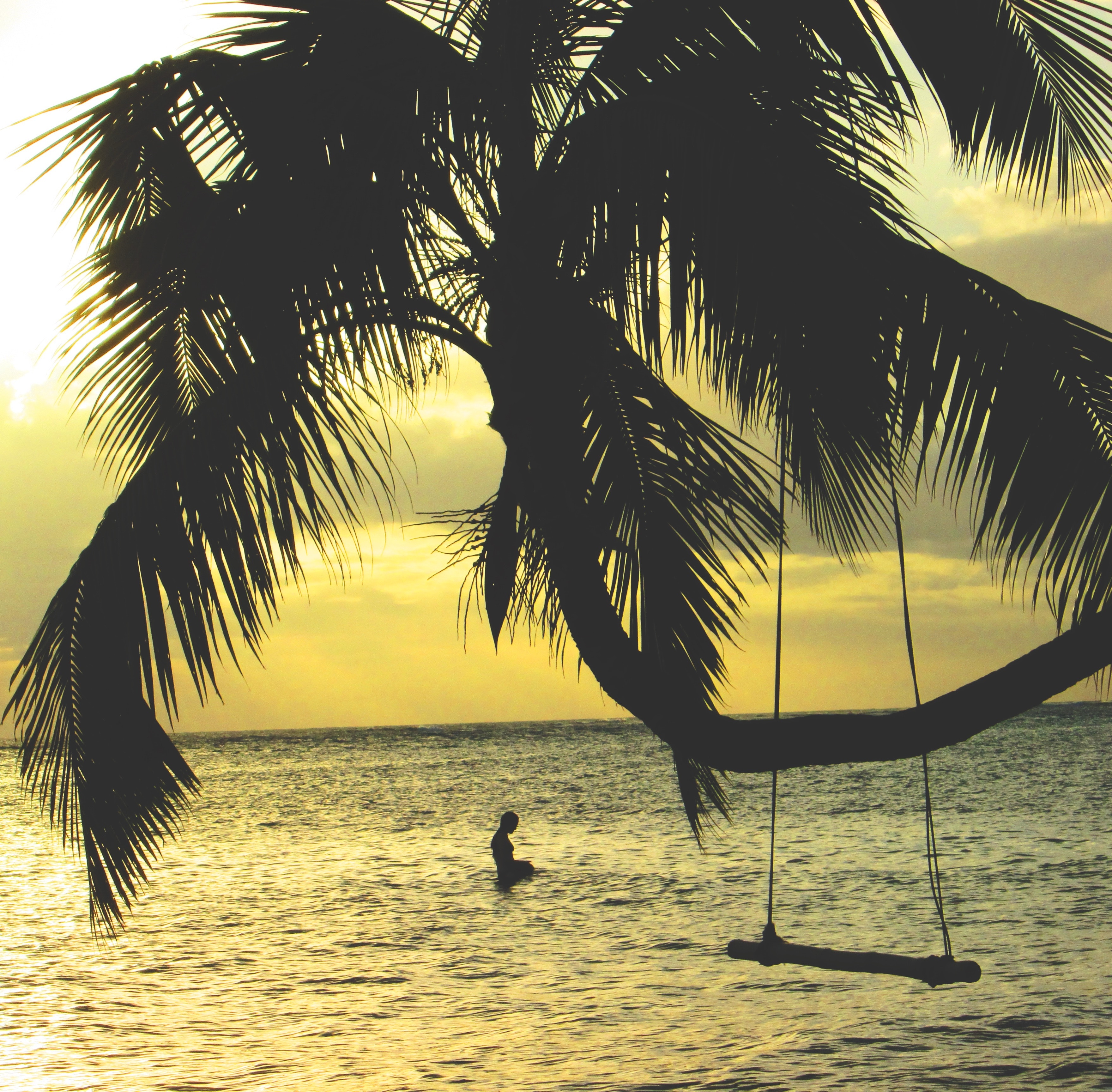 Silhouette of a person meditating in the ocean near a palm tree swing HD Wallpaper