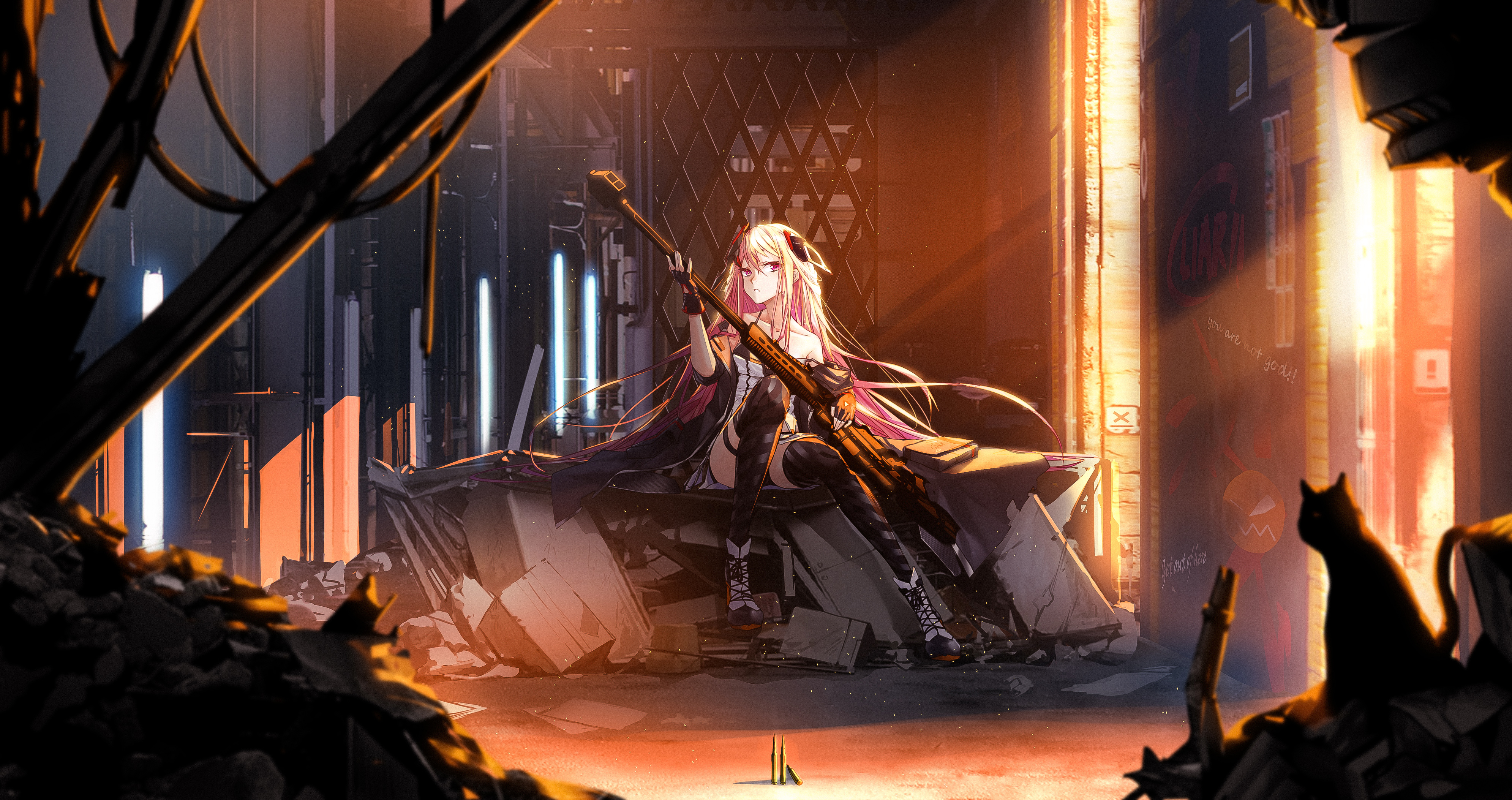 Girl with Barrett M82 rifle in ruined city HD Wallpaper