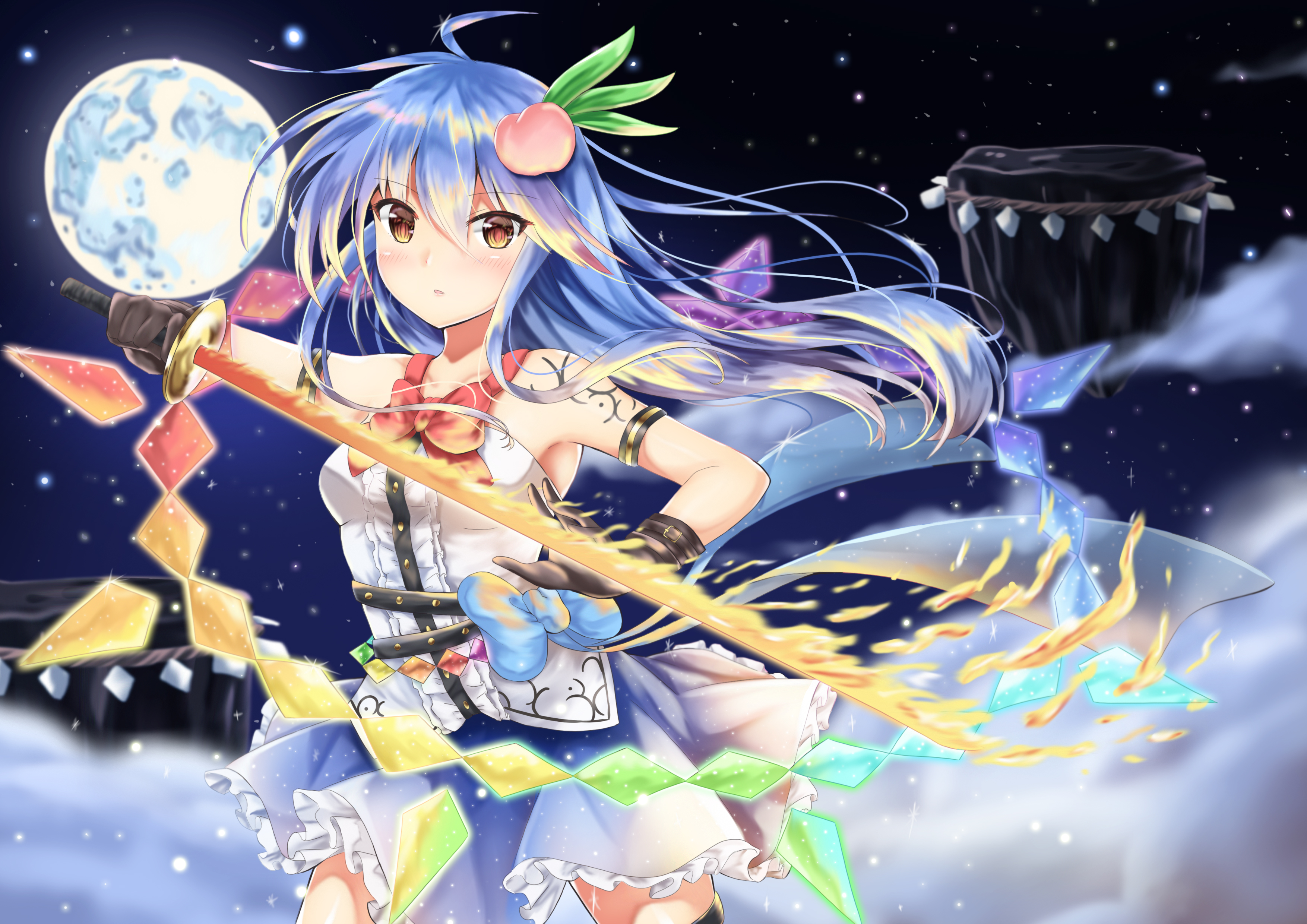 Tenshi Hinanawi with flaming sword under the moon HD Wallpaper