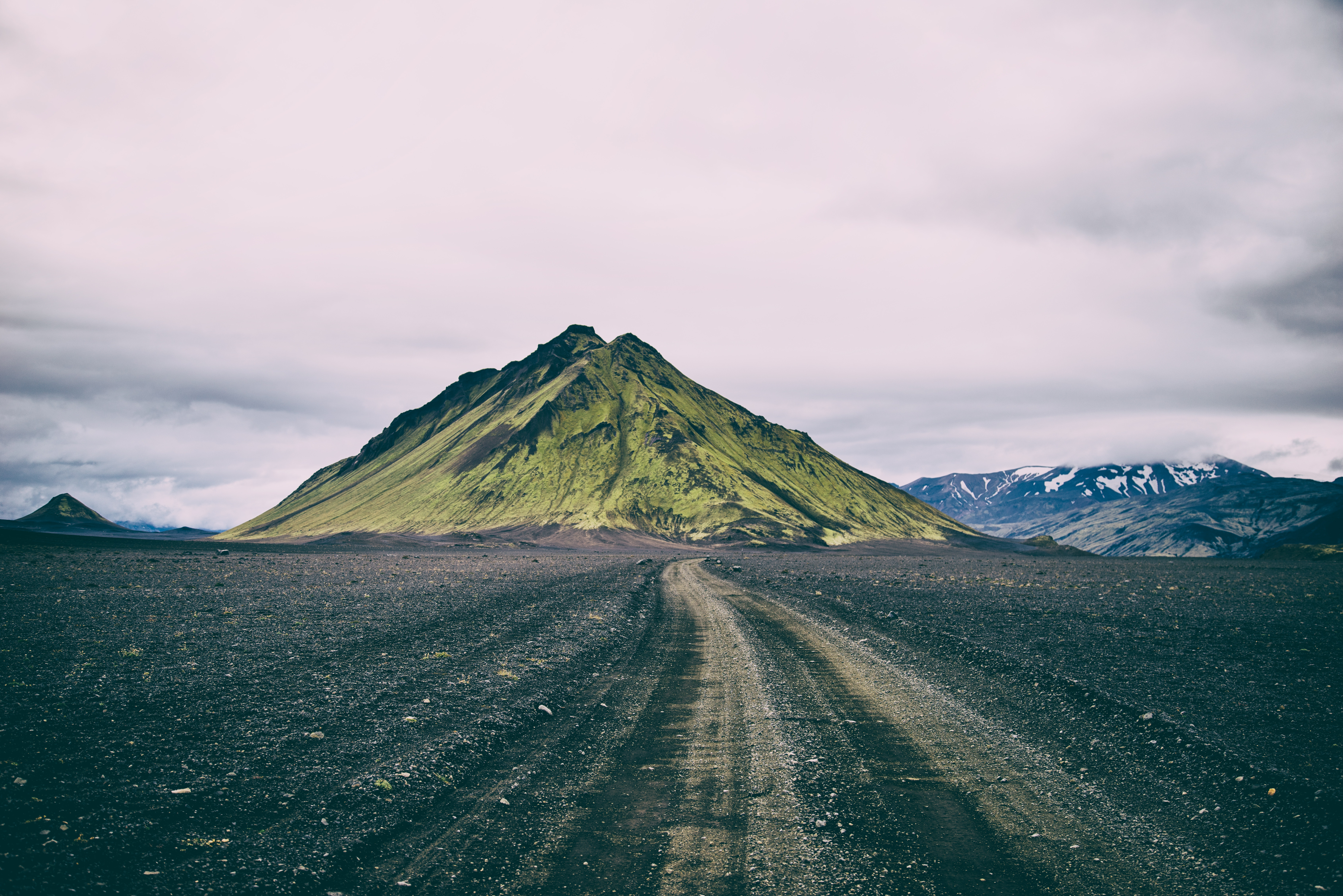 Mossy mountain and dirt road in Iceland HD Wallpaper