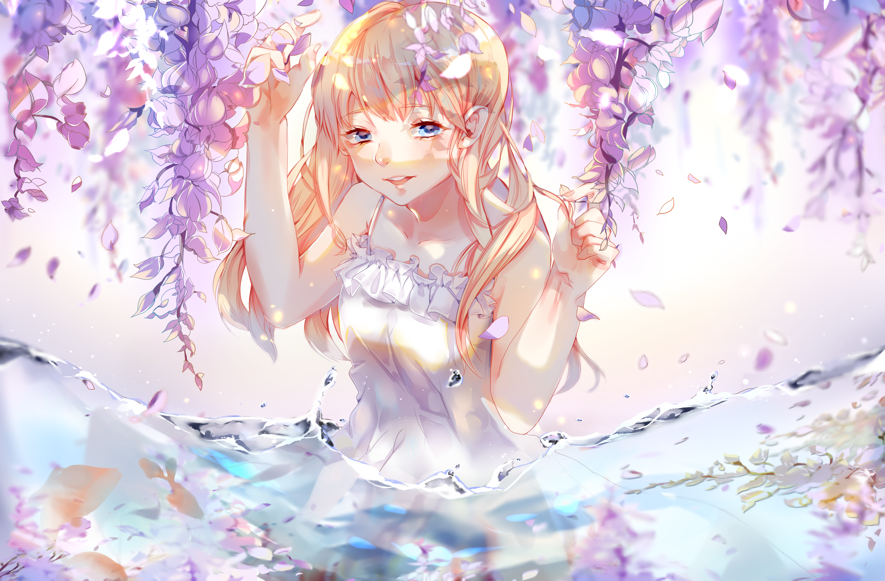 Girl in white dress under wisteria with fish HD Wallpaper