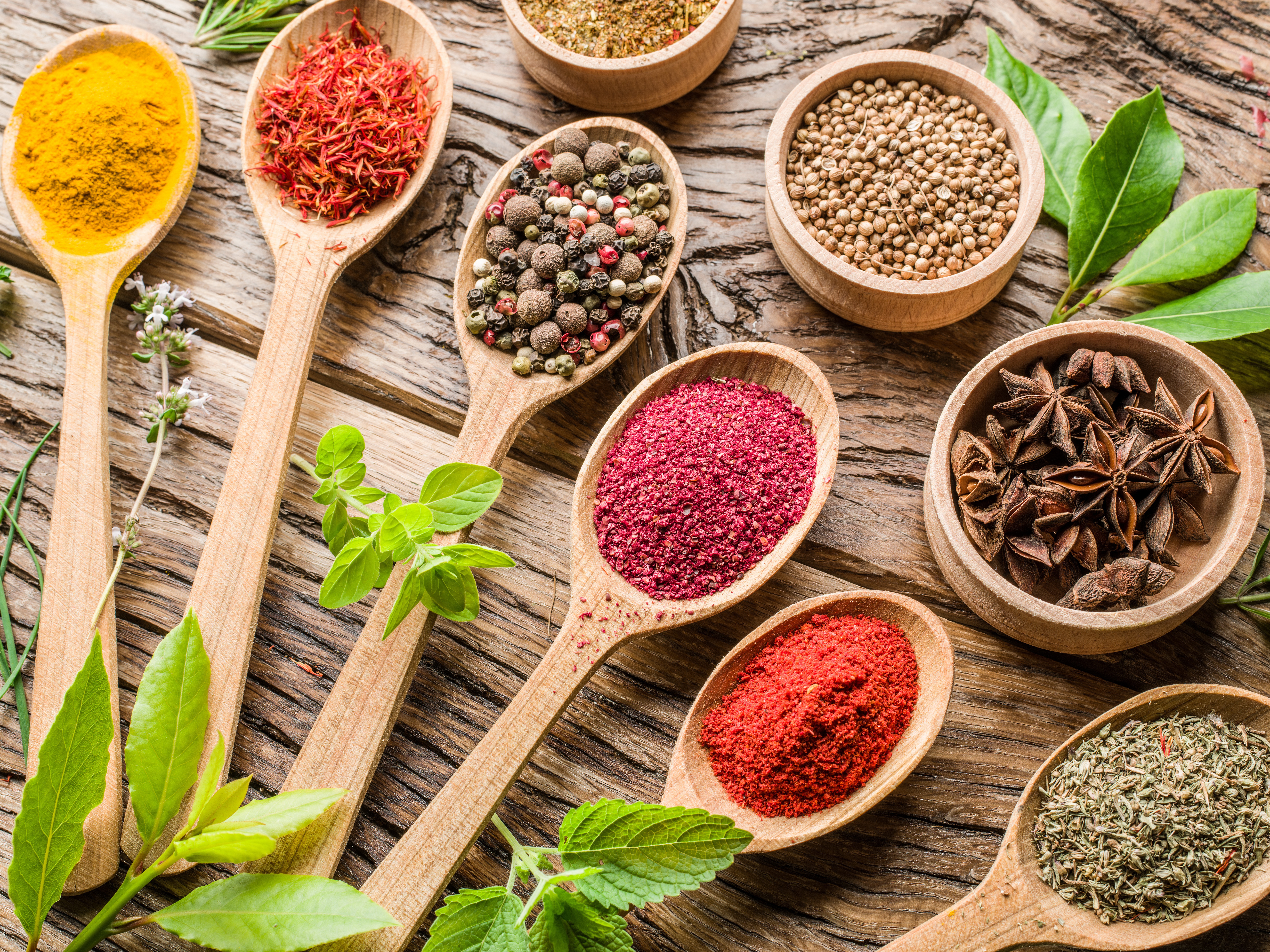 Wooden spoons filled with colorful spices and herbs HD Wallpaper