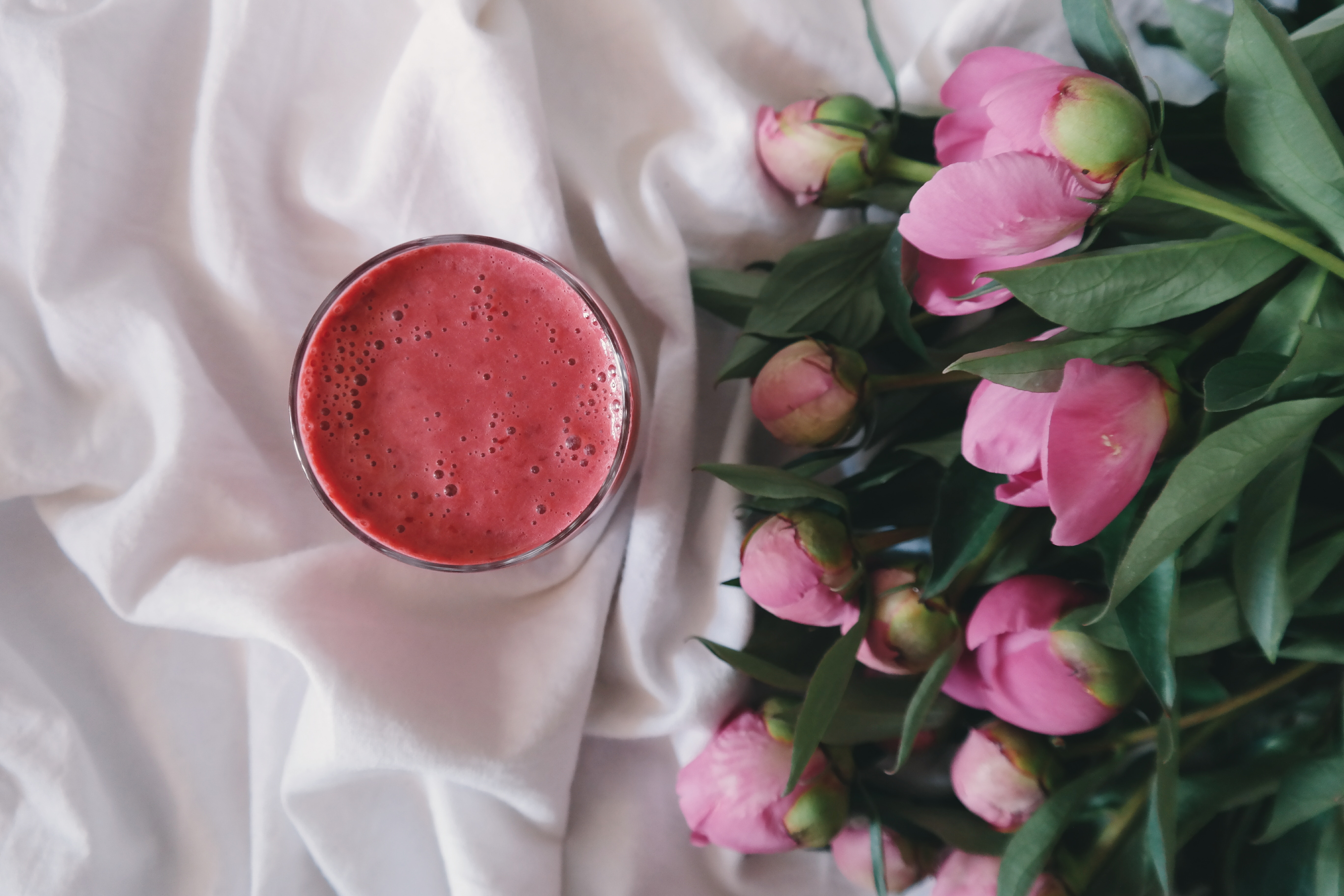 Pink Peonies and a Smoothie on White Fabric HD Wallpaper