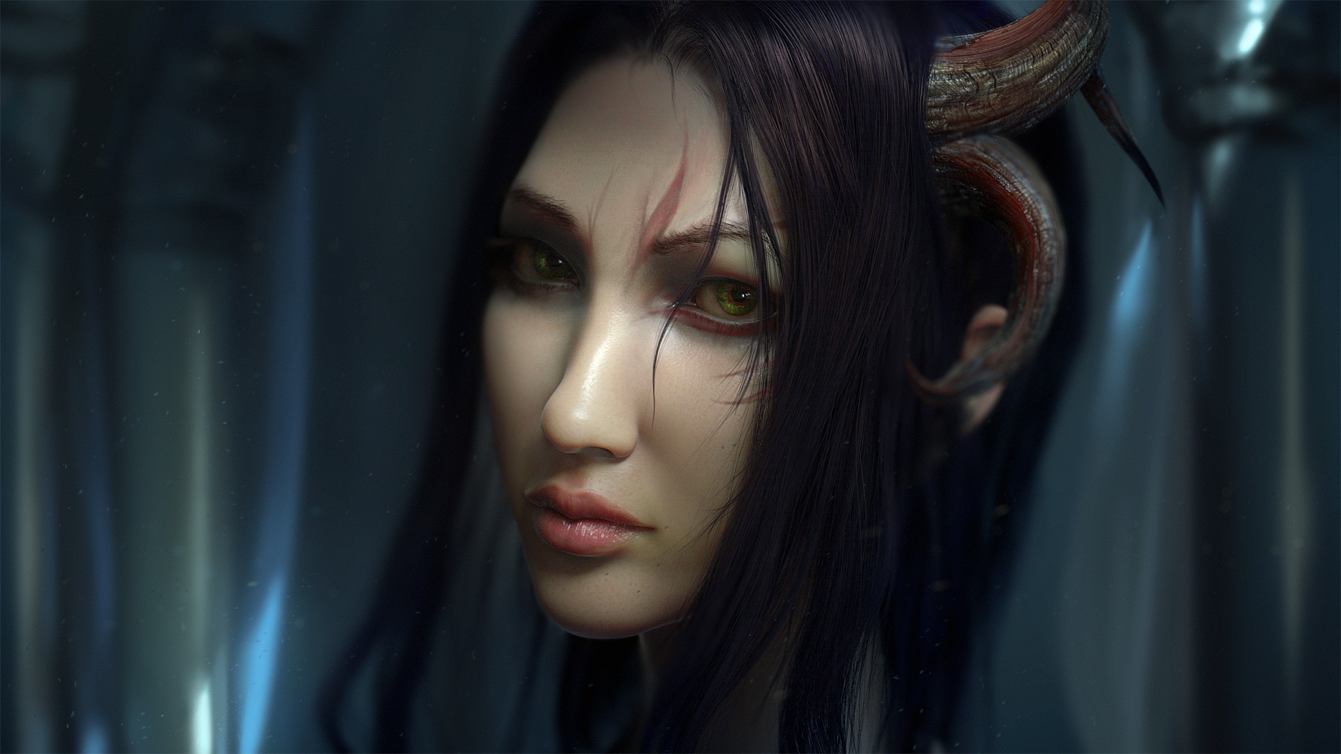 Demon girl with horns and green eyes HD Wallpaper