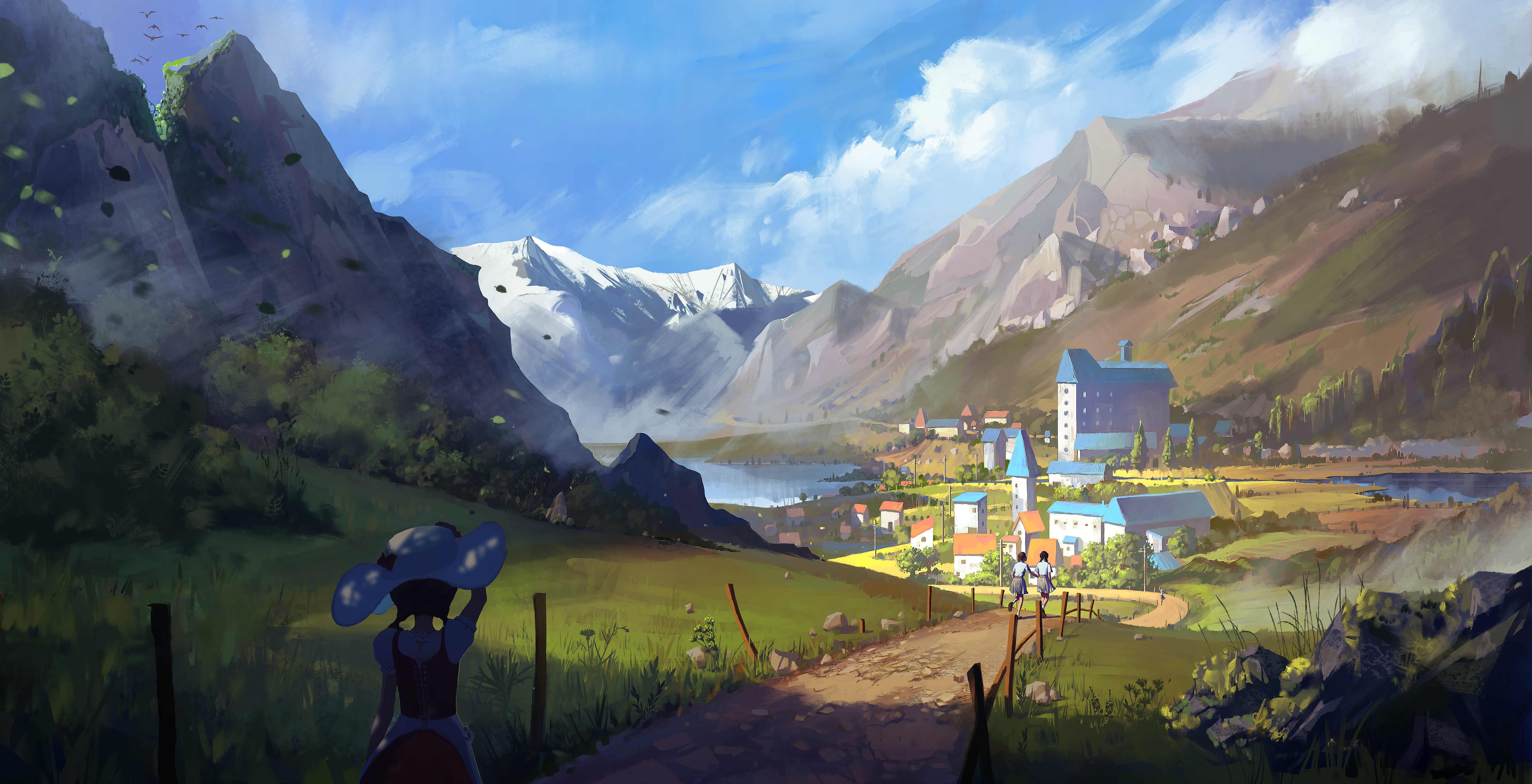 Girl in hat looking at a mountain village HD Wallpaper