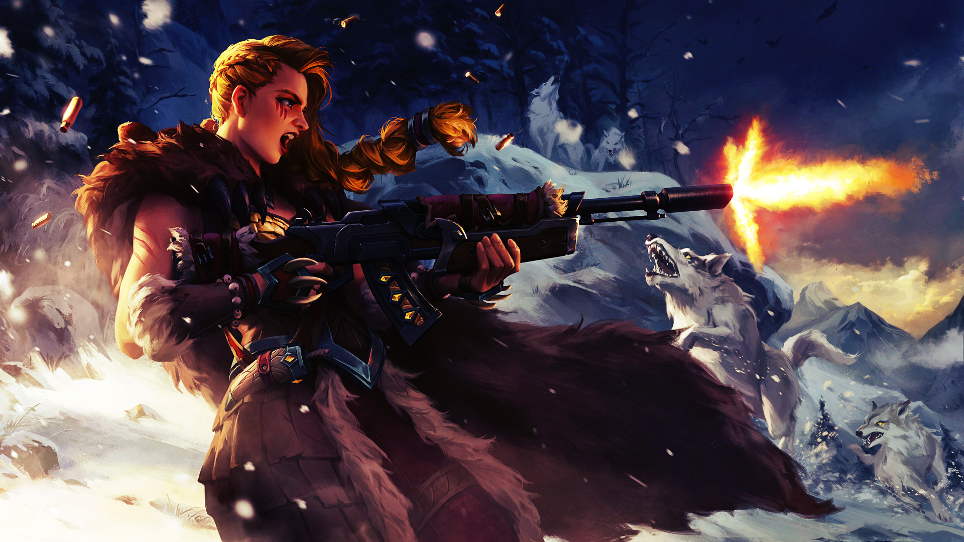 Tyra from Paladins firing a rifle in a snowy forest HD Wallpaper