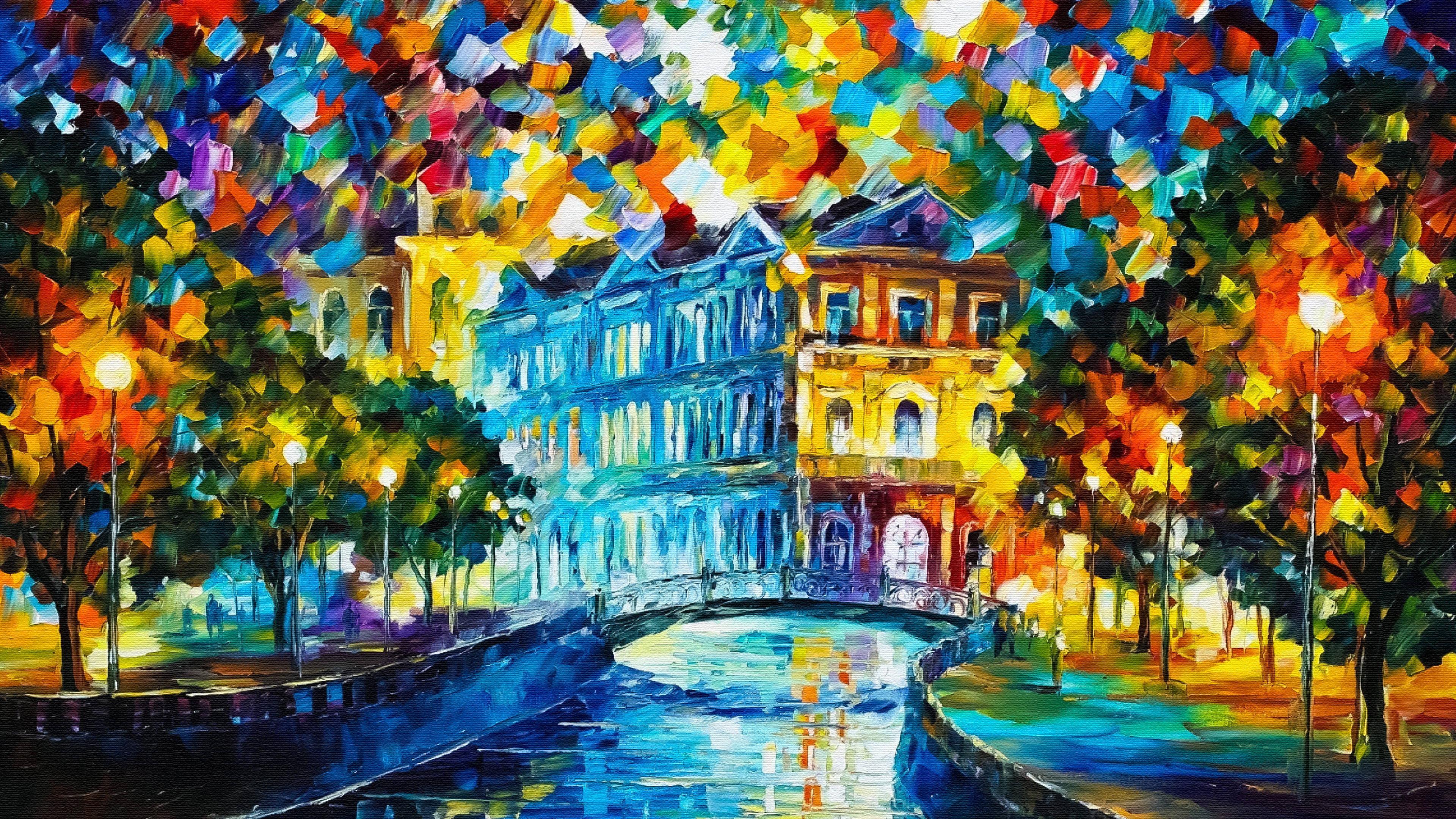 Abstract painting of a canal city at night HD Wallpaper