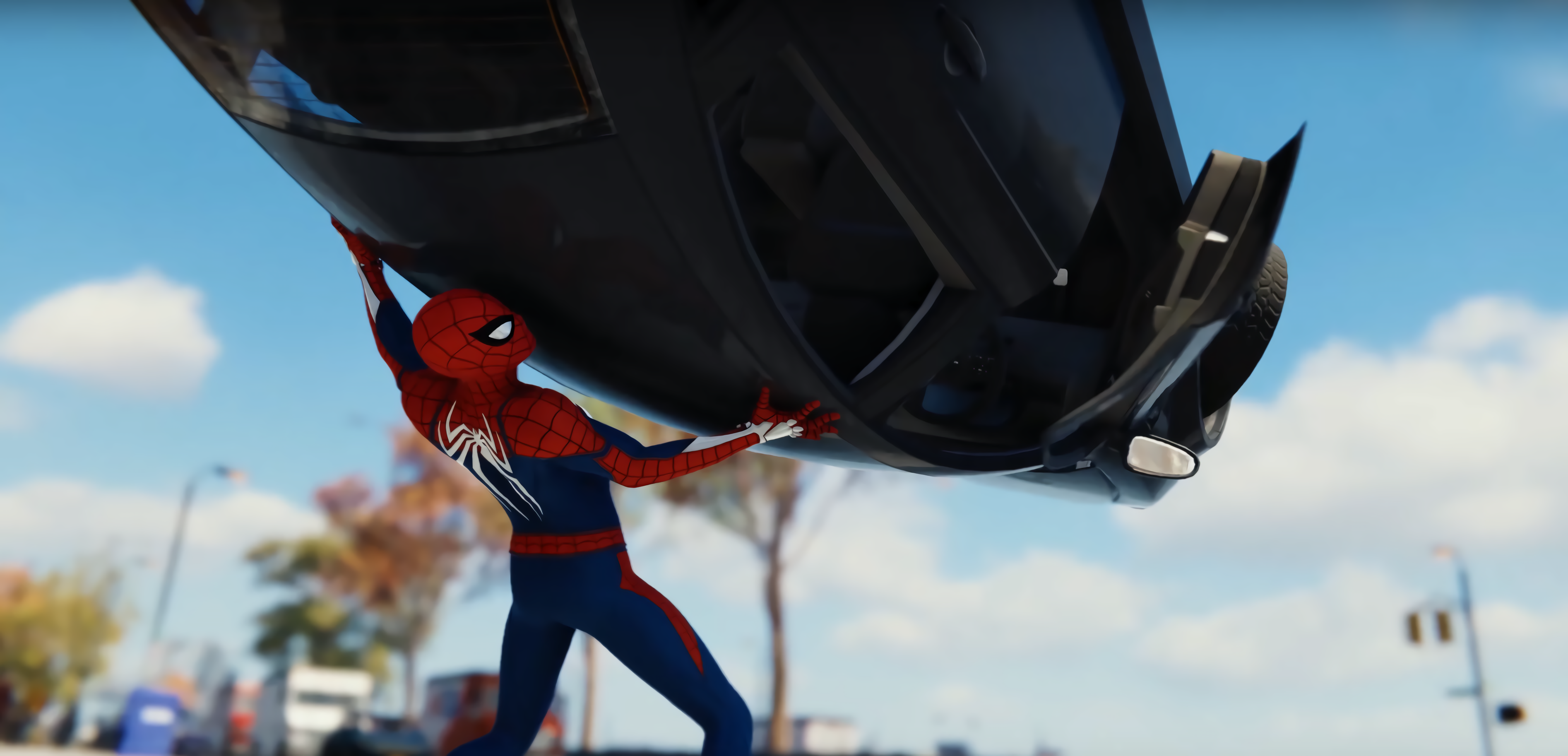Spider-Man lifting a car HD Wallpaper