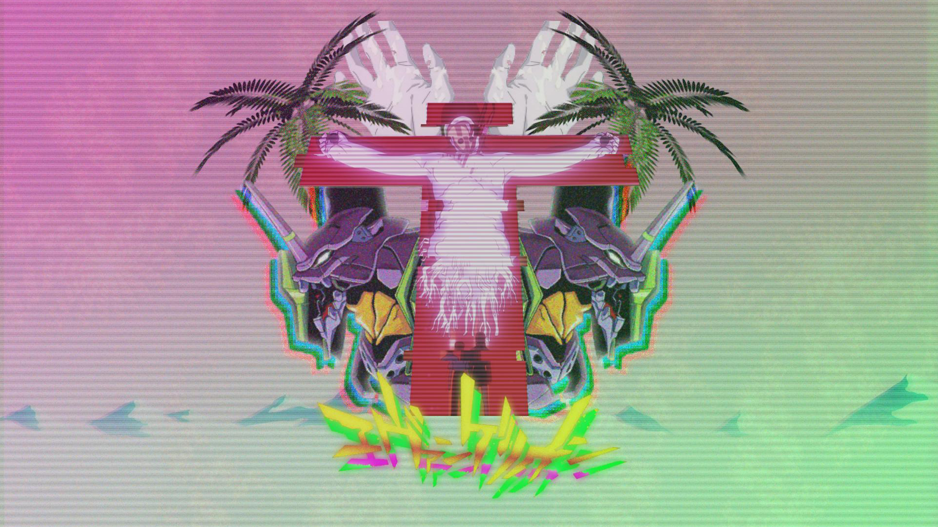 Jesus on Cross with Evangelion Units HD Wallpaper