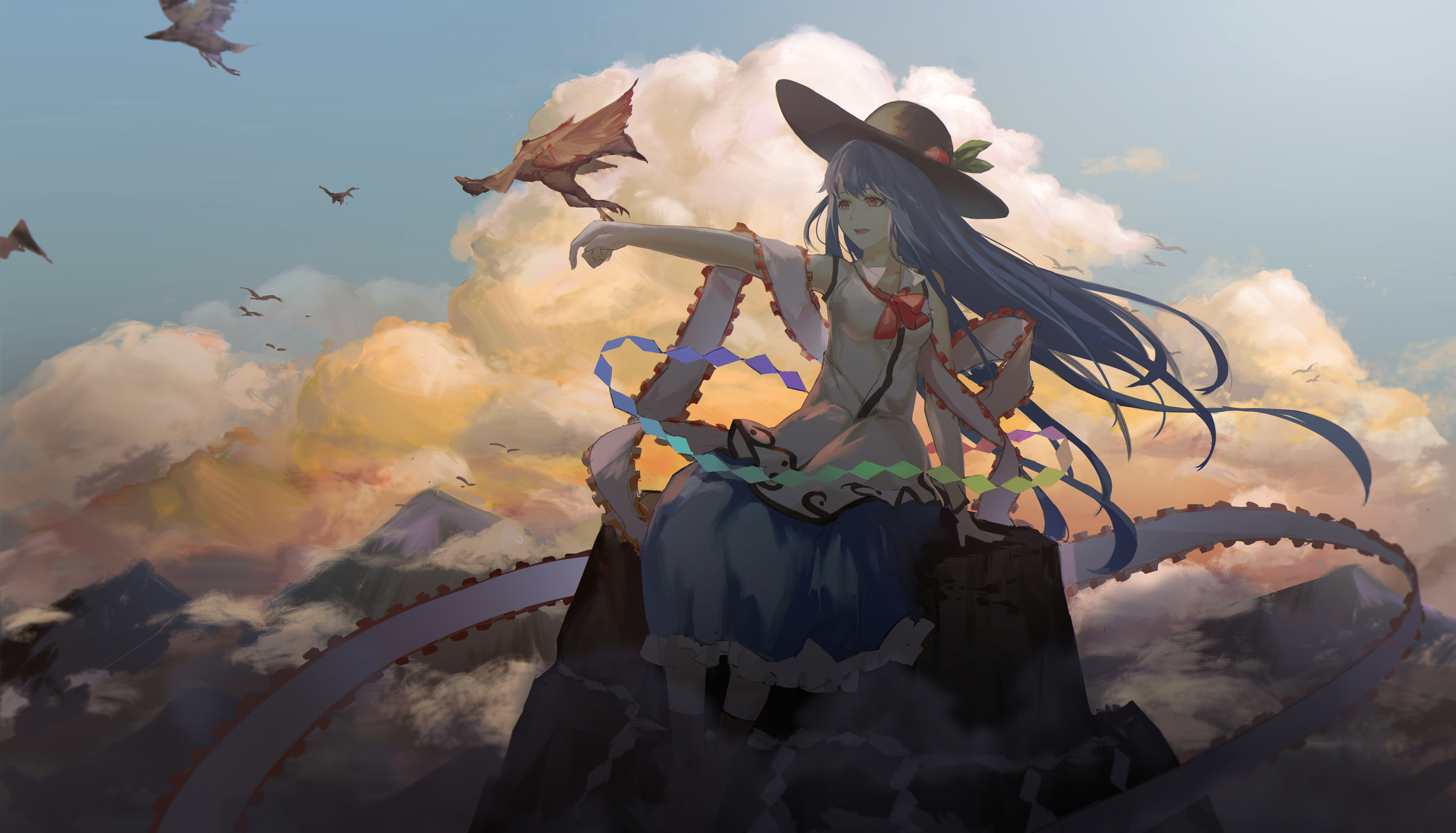 Tenshi Hinanawi with birds and clouds HD Wallpaper