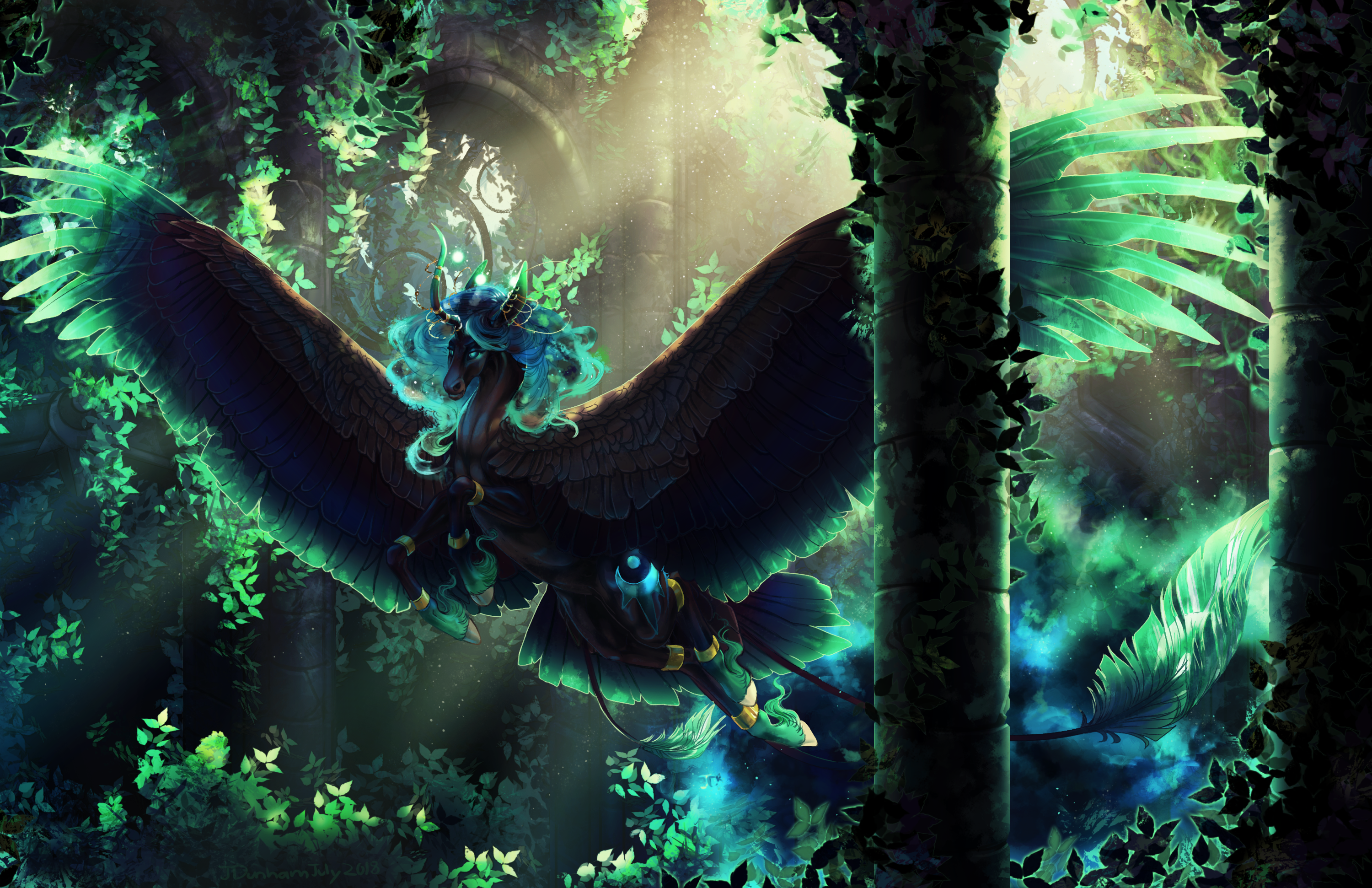 Pegasus with glowing wings in a forest HD Wallpaper