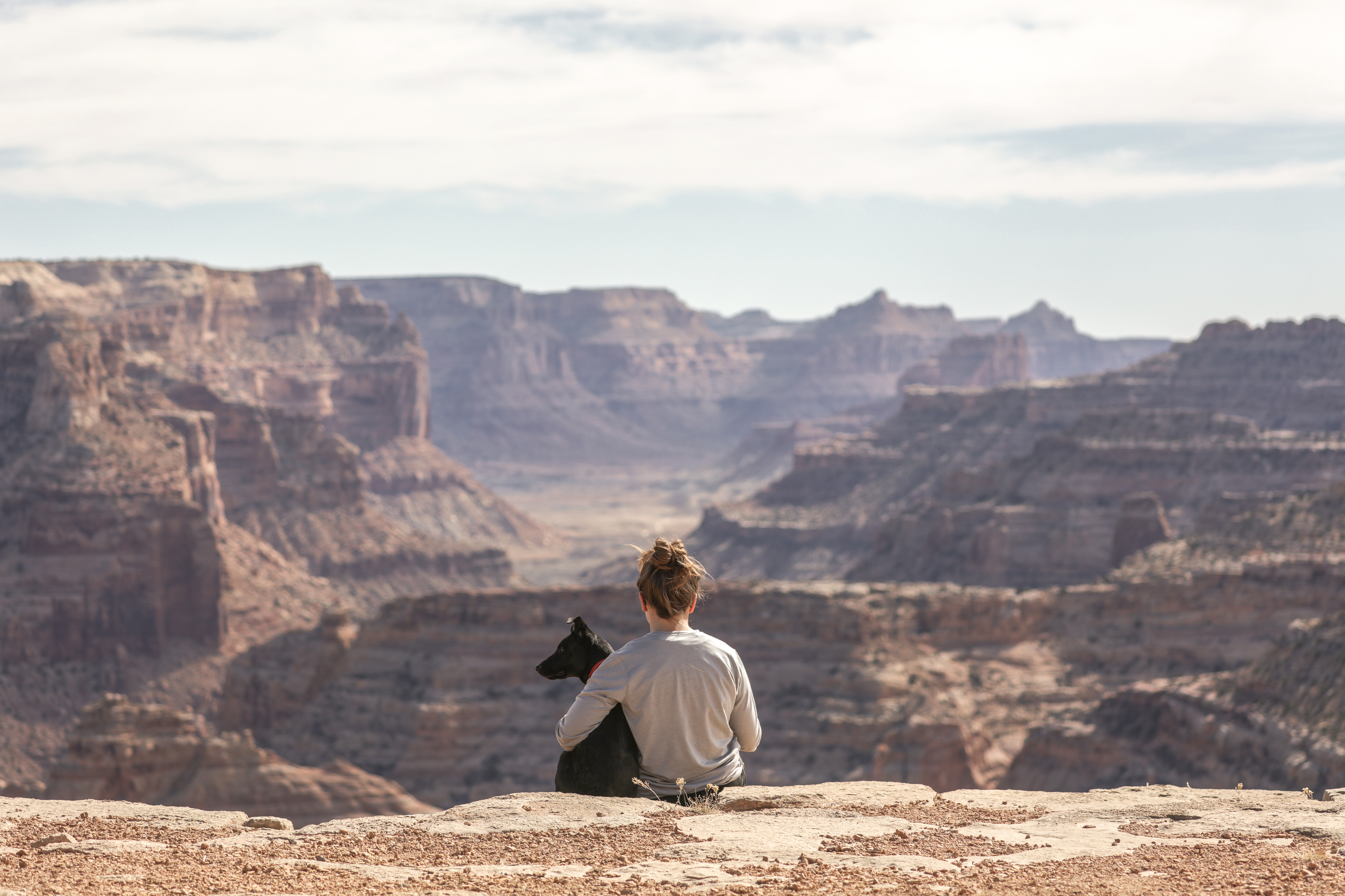 Woman and dog sitting on a canyon ledge HD Wallpaper