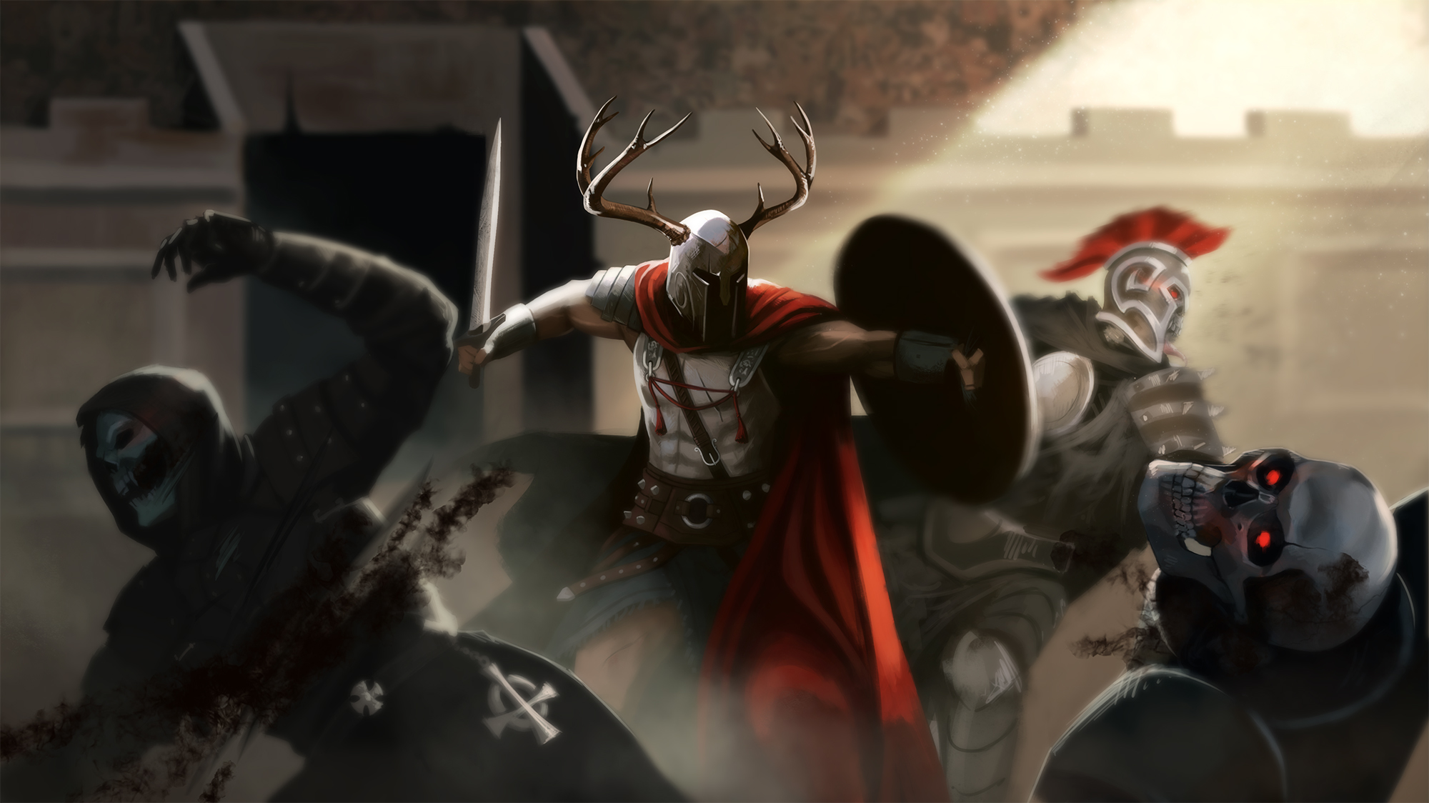 Warrior with Antlers Fights Skeletons in Arena HD Wallpaper
