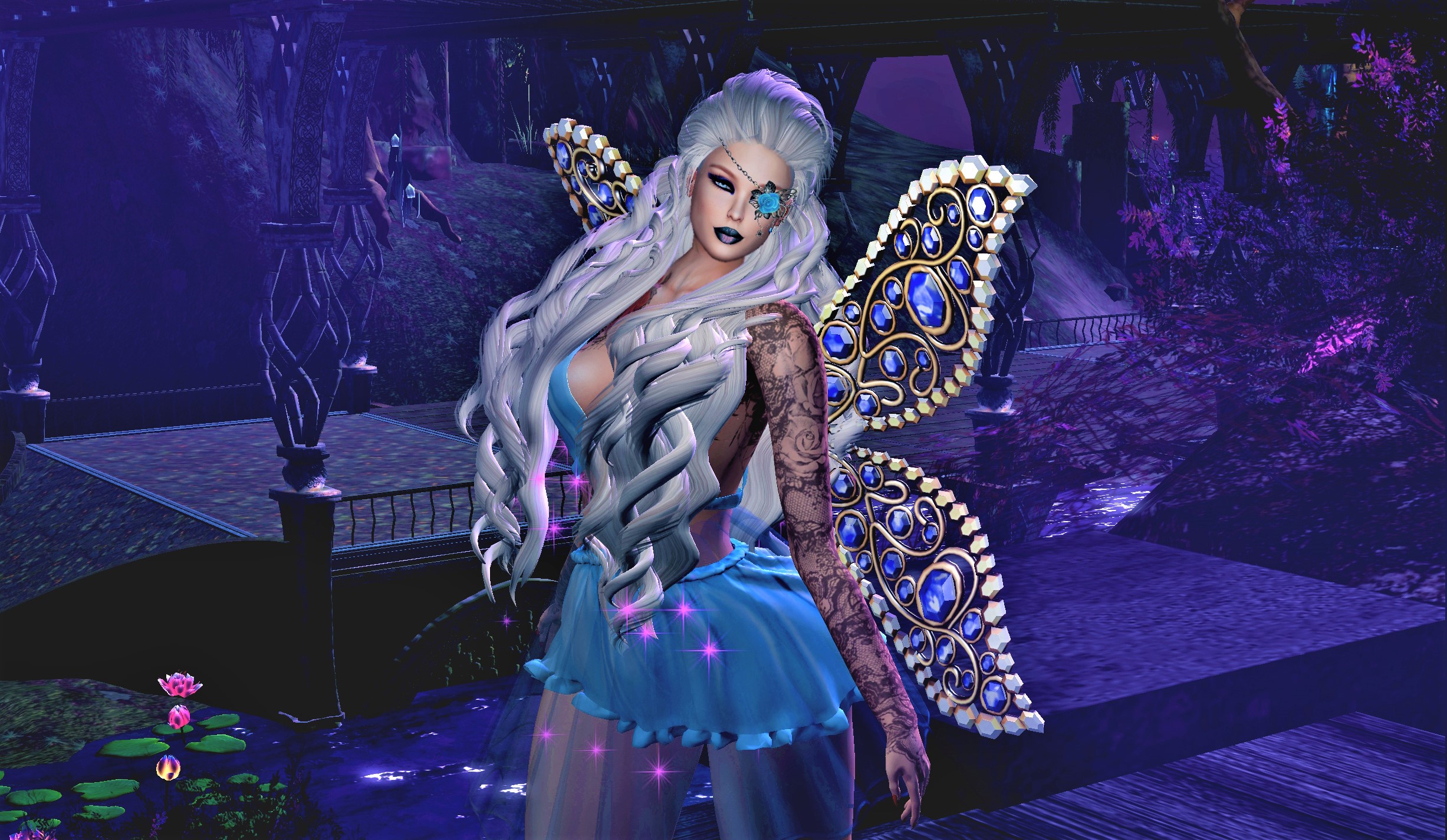 Fairy with white hair and blue dress with wings HD Wallpaper