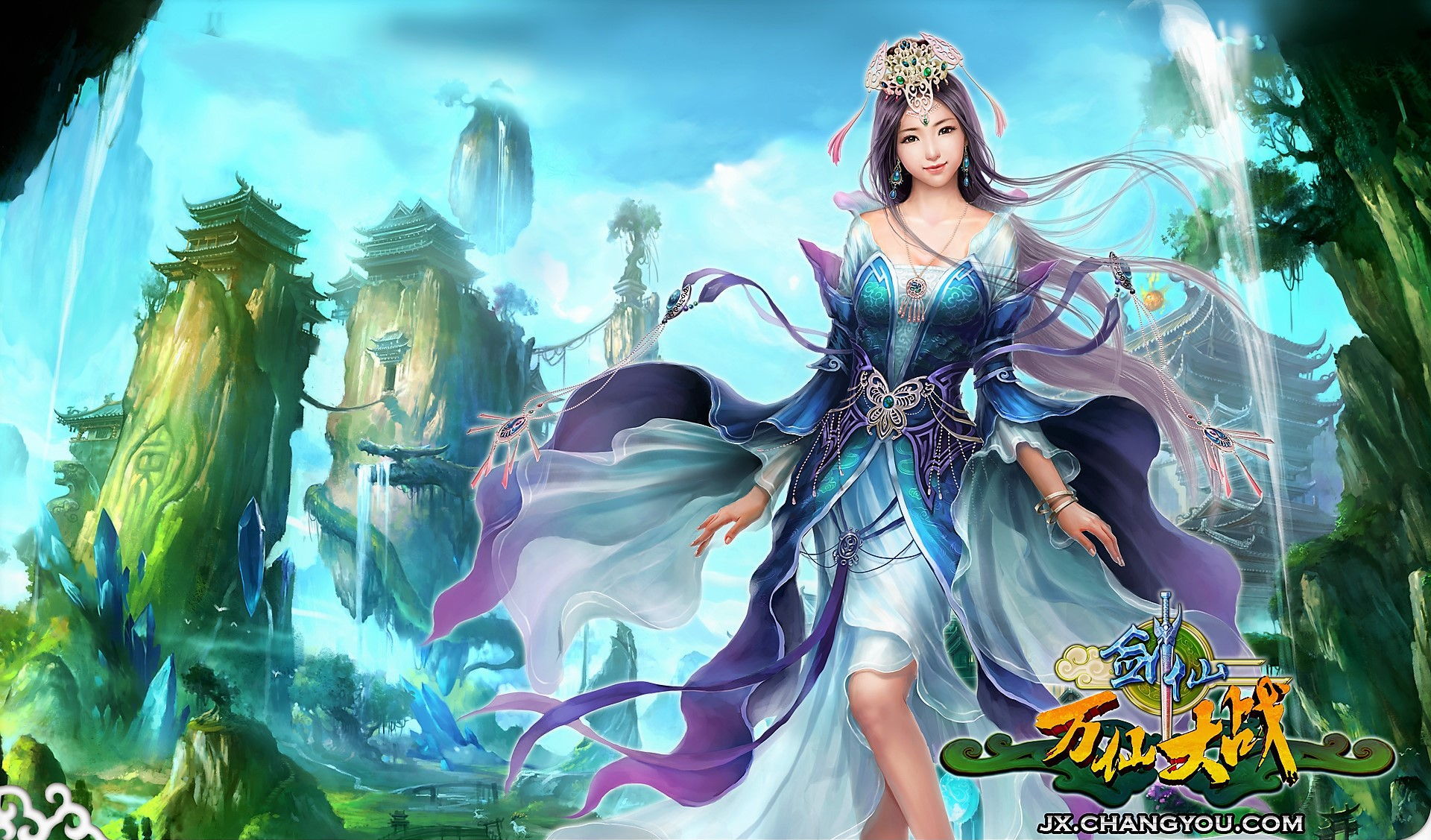 Woman in Fantasy Asian Temple Landscape HD Wallpaper