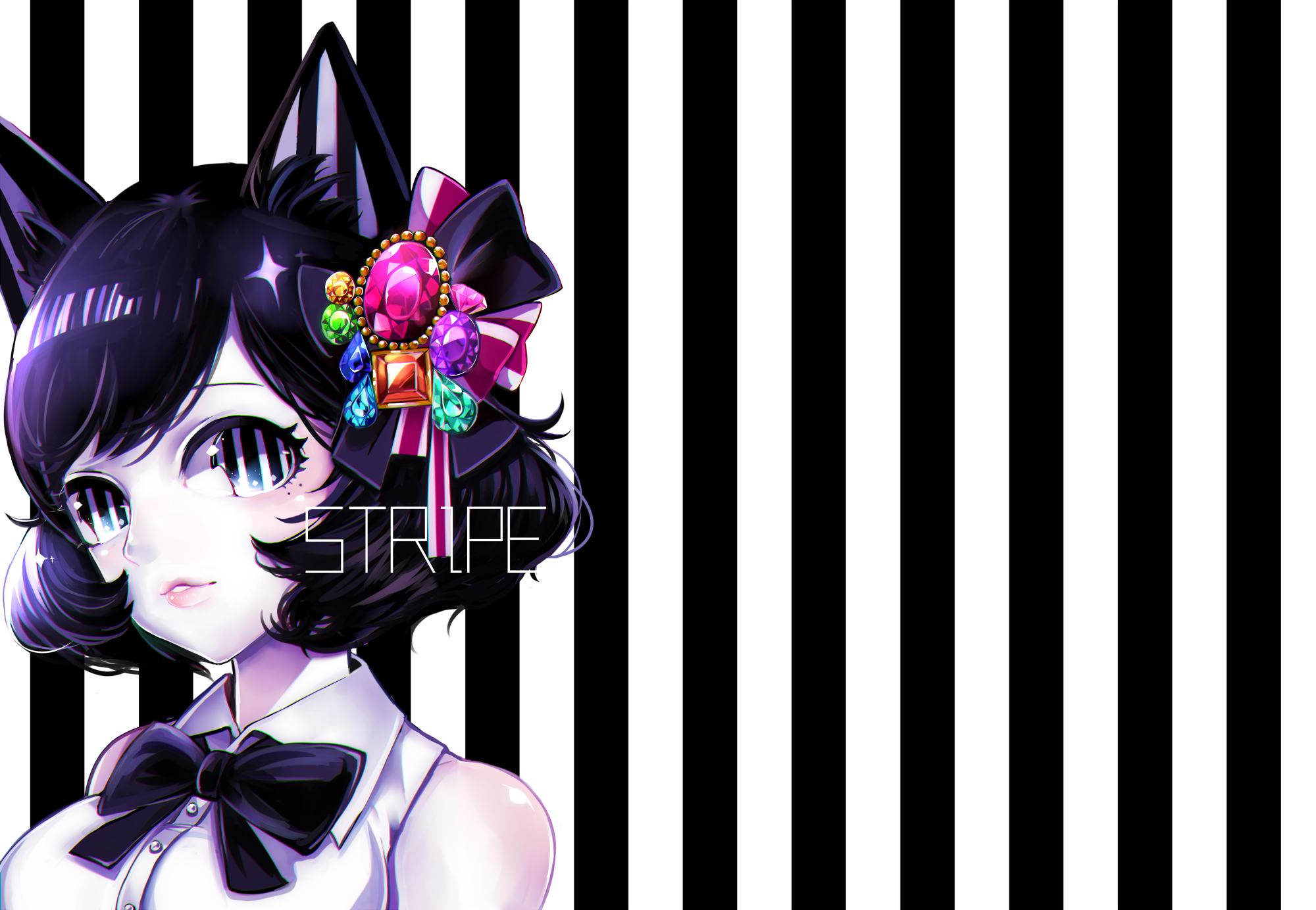 Cat Girl with Bow and Jewels HD Wallpaper