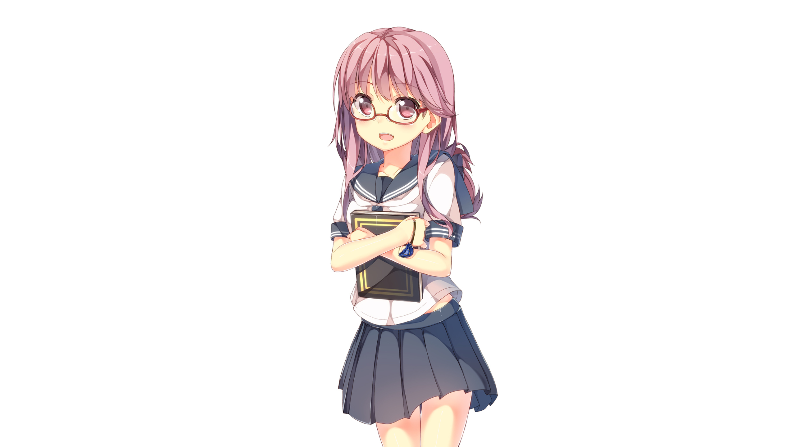 Anime girl with pink hair wearing glasses and school uniform holding a book HD Wallpaper