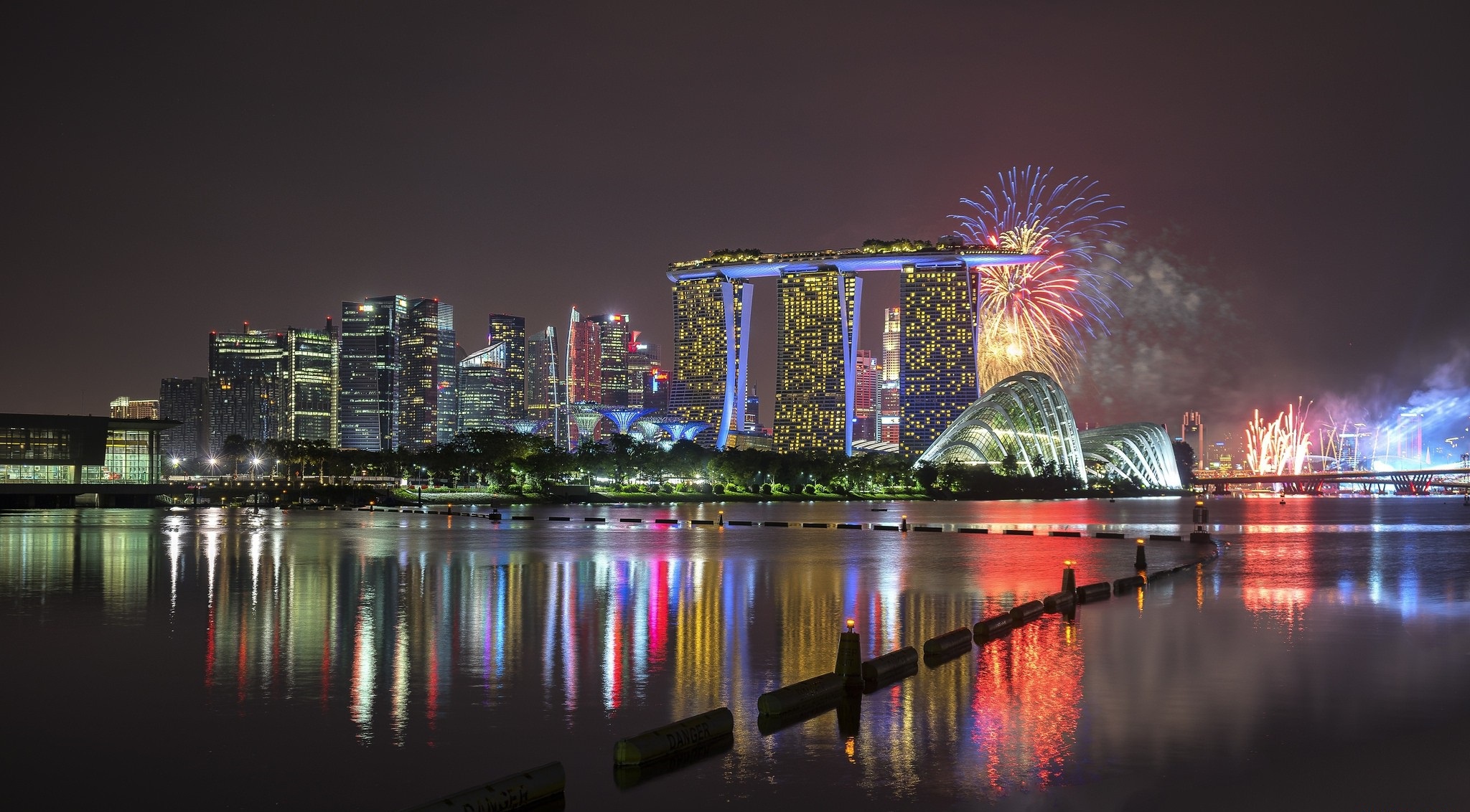 Singapore Skyline with Marina Bay Sands and Fireworks HD Wallpaper