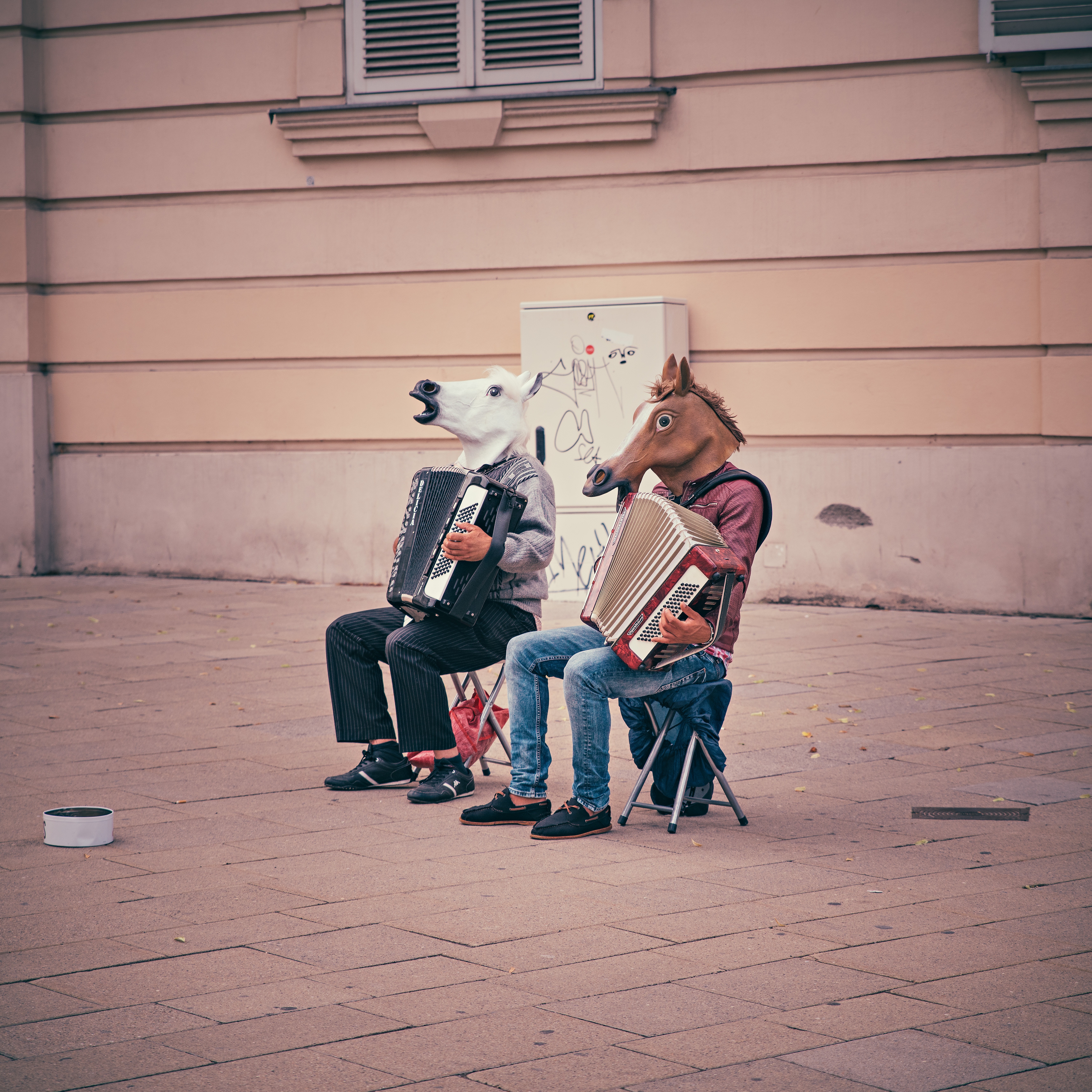 Two people in horse masks play accordions HD Wallpaper