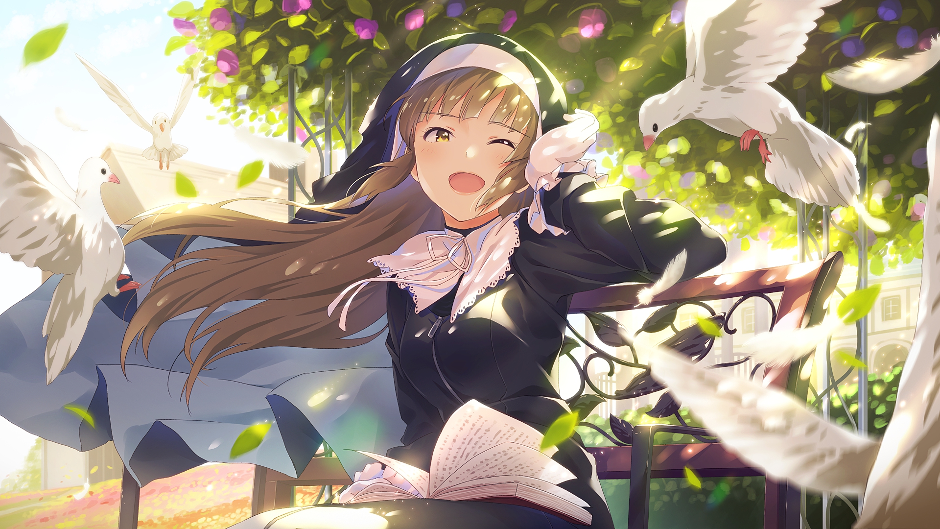 Anime girl in nun habit with doves and book HD Wallpaper