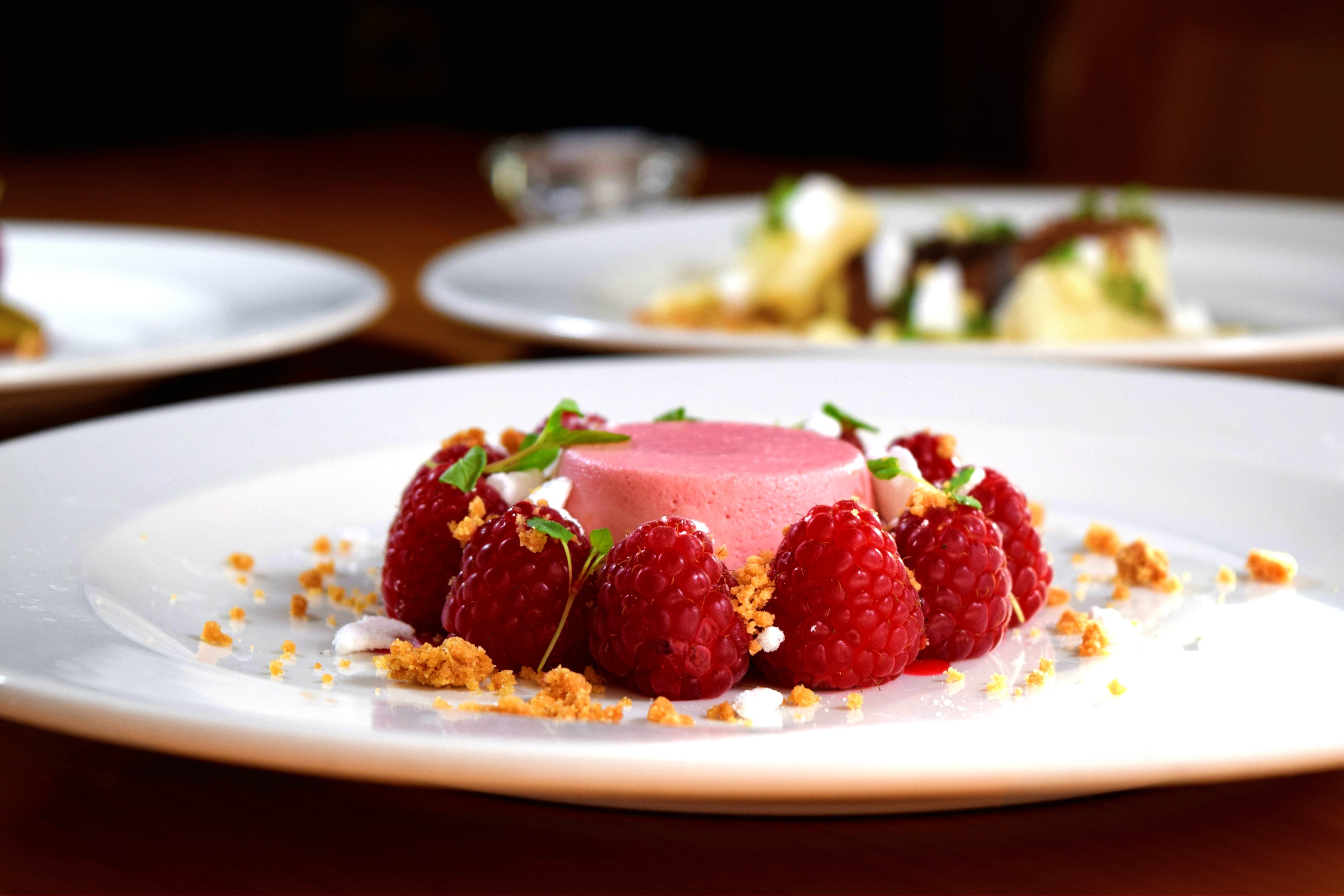 Raspberry and pink pudding dessert on a white plate HD Wallpaper