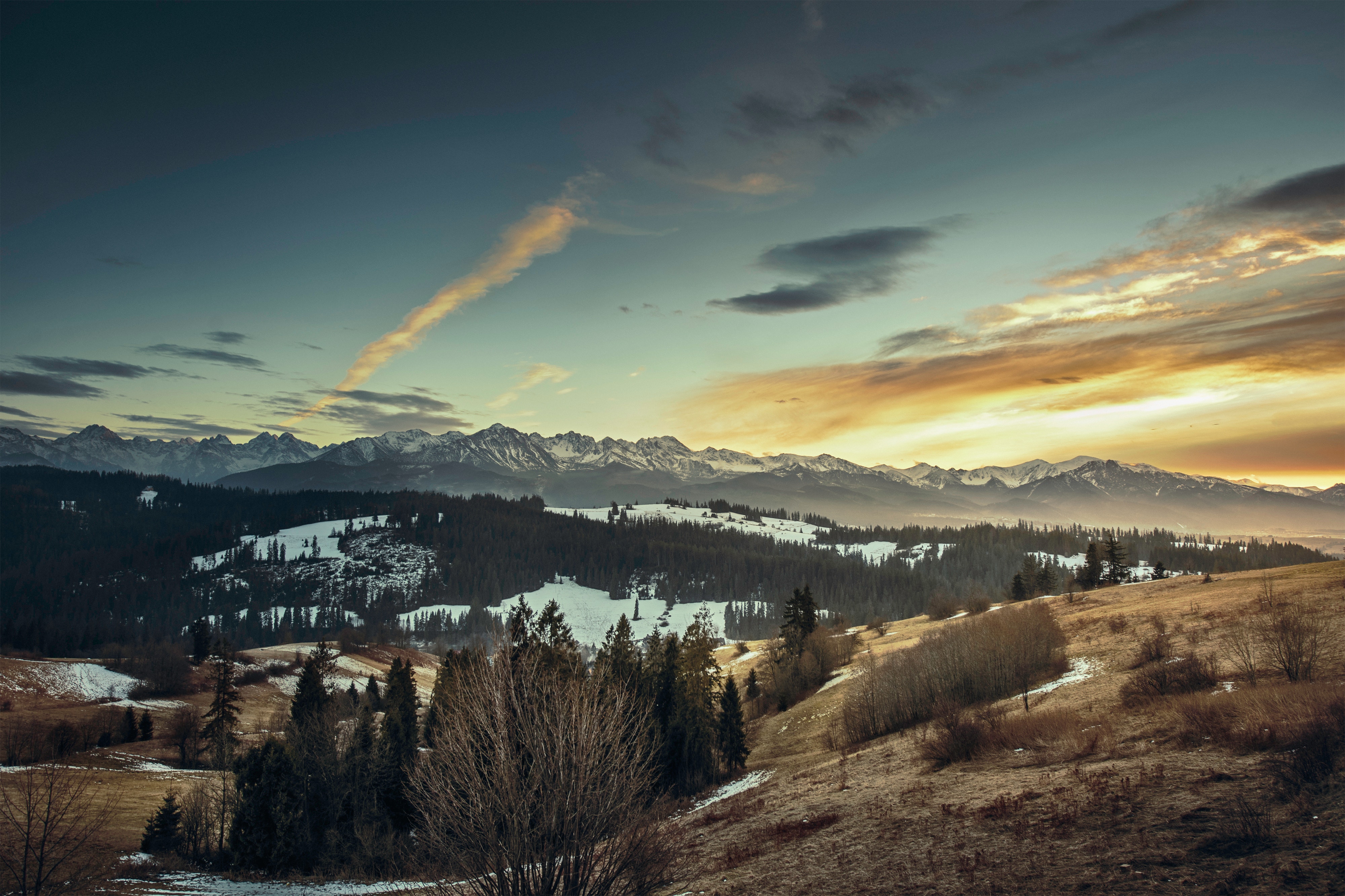 Winter mountain landscape at sunrise with snow and forest HD Wallpaper