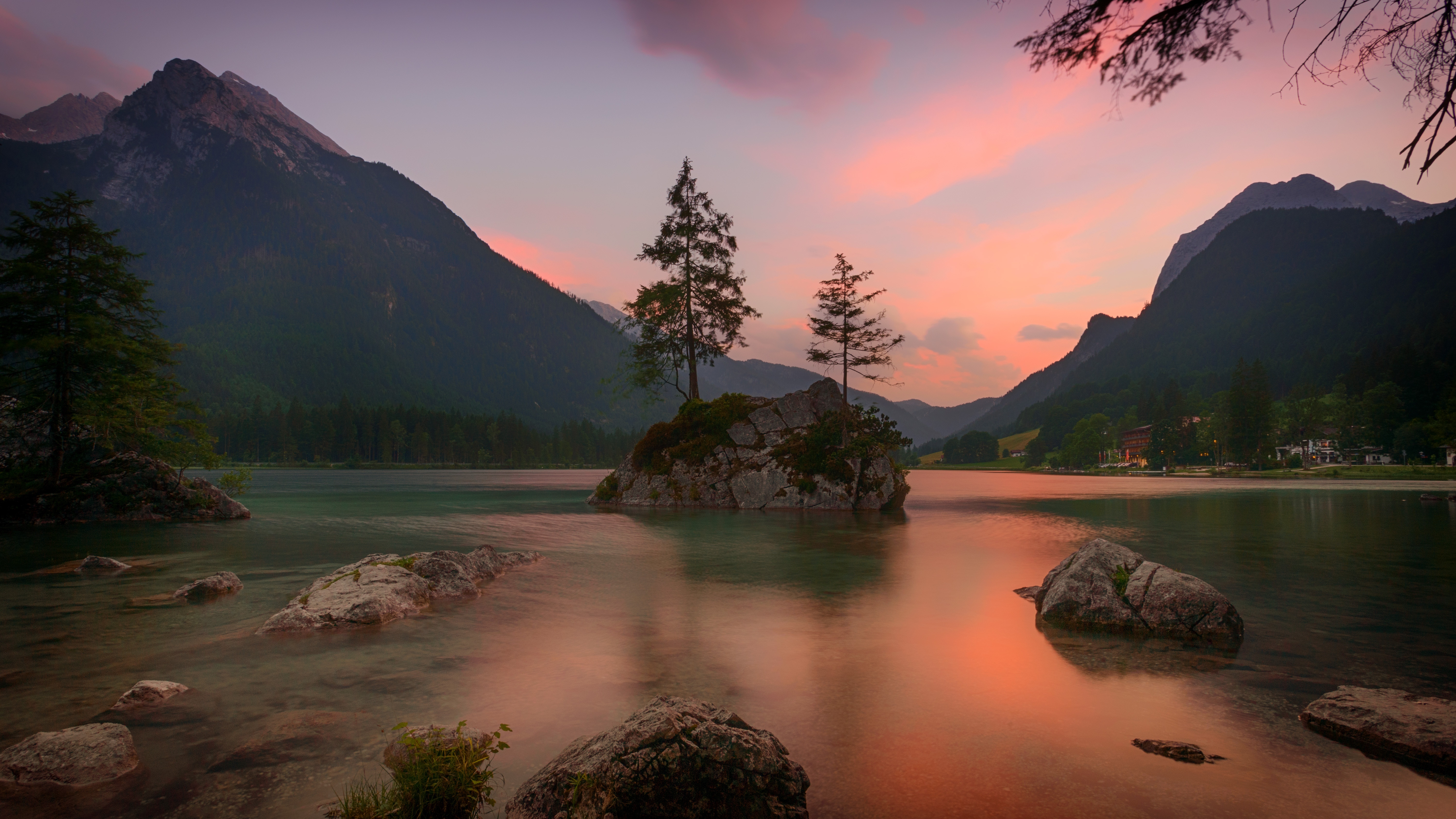 Sunset Over Bavarian Lake with Mountain and Island HD Wallpaper