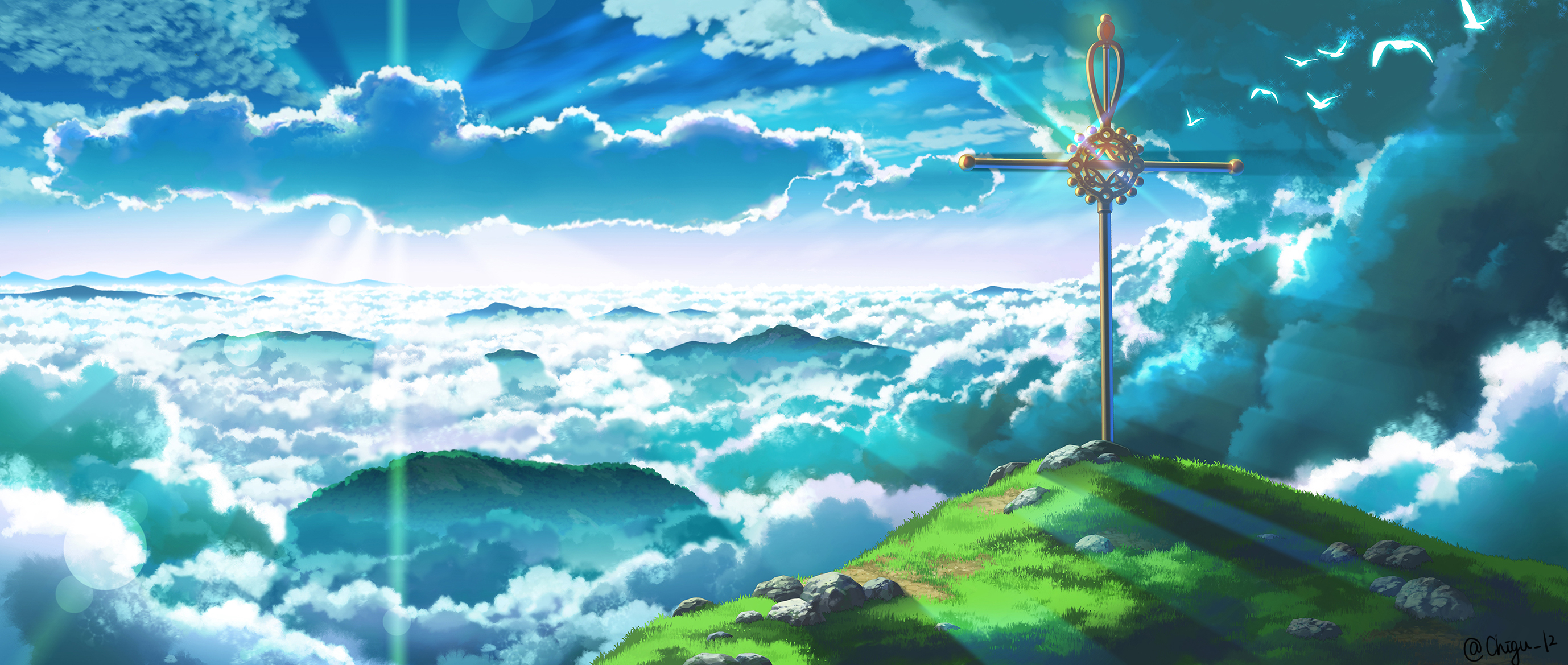 Cross on a hill above clouds with sunlight HD Wallpaper