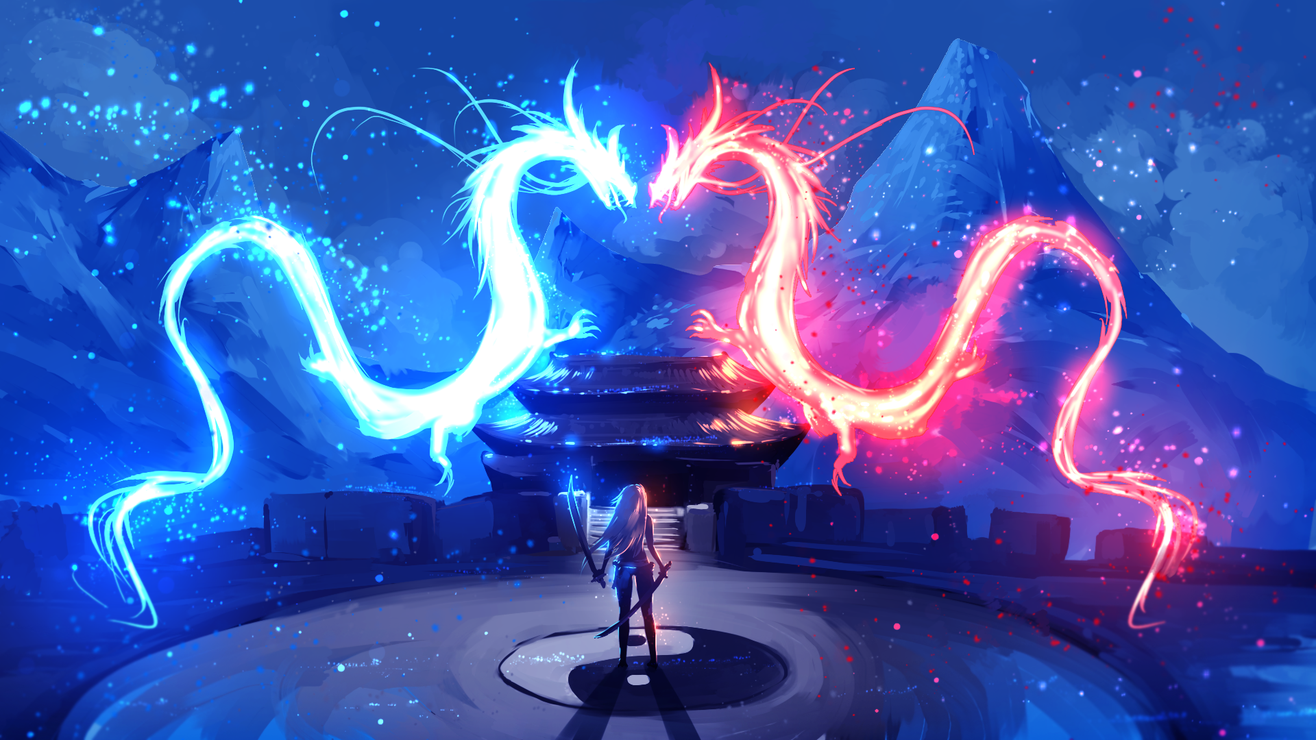 Two Dragons and a Woman Warrior with Swords HD Wallpaper